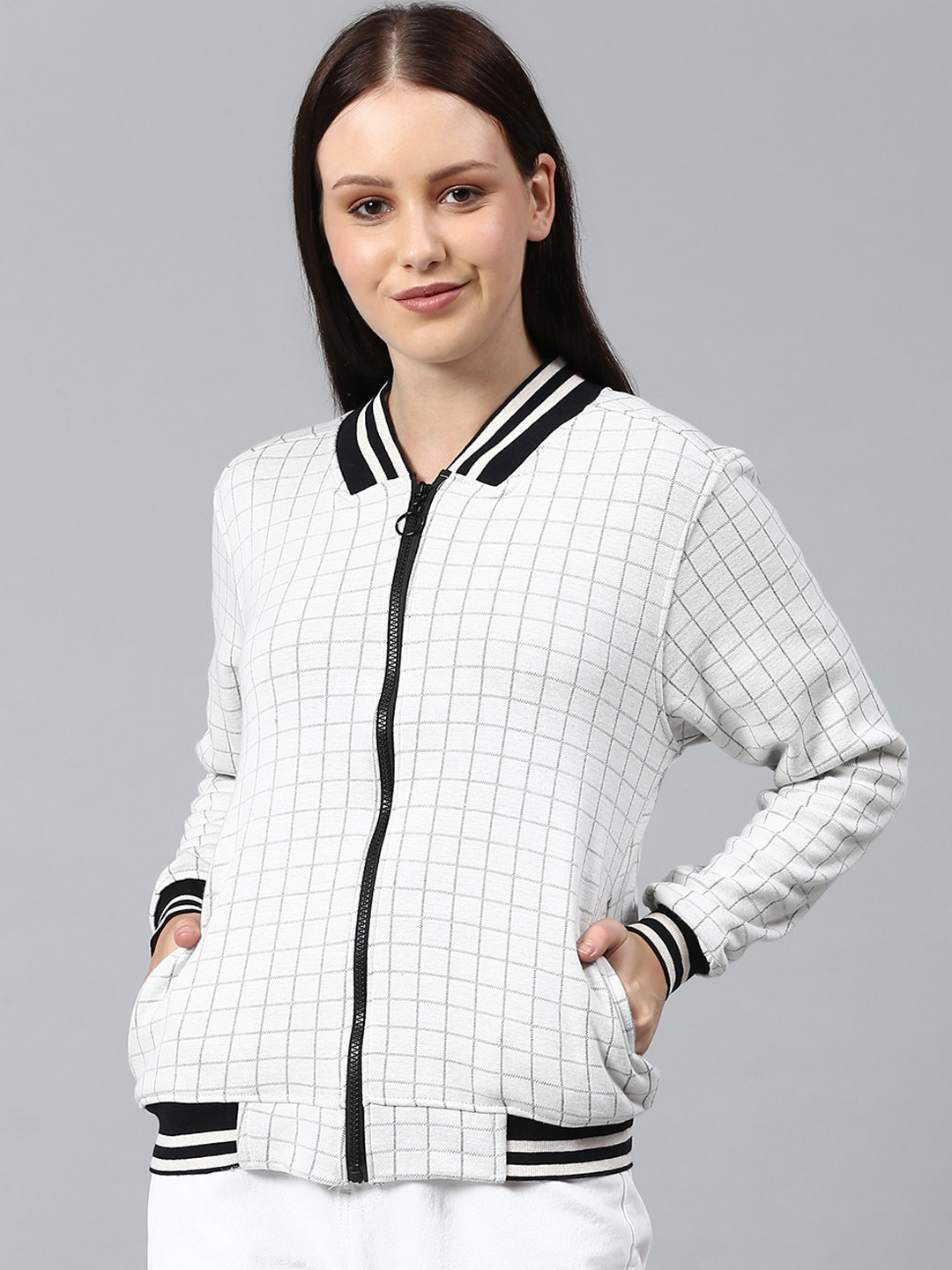 Campus Sutra Women Off White Checked Windcheater Outdoor Bomber Jacket with Embroidered