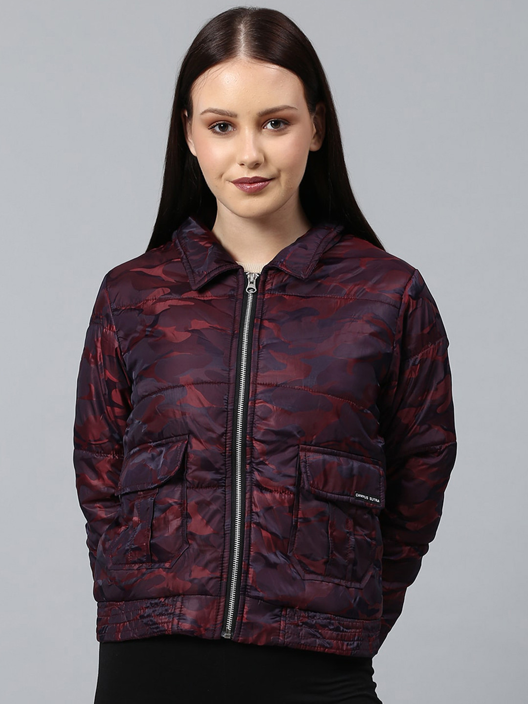 Campus Sutra Women Maroon Camouflage Windcheater Outdoor Puffer Jacket