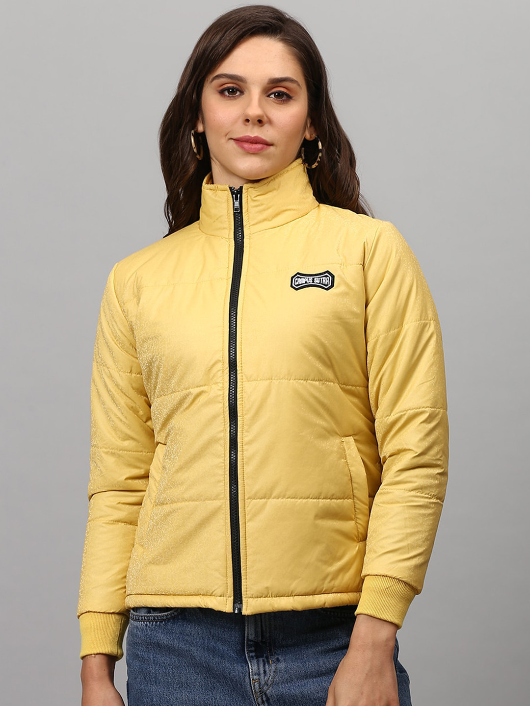 Campus Sutra Women Yellow Windcheater Outdoor Padded Jacket with Patchwork