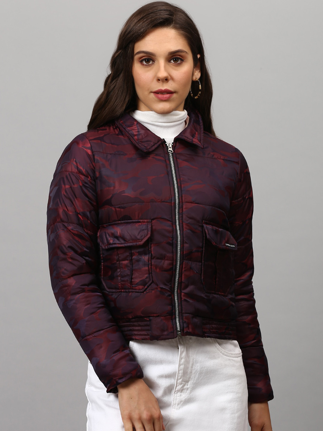 Campus Sutra Women Maroon Camouflage Windcheater Crop Outdoor Tailored Jacket with Embroidered