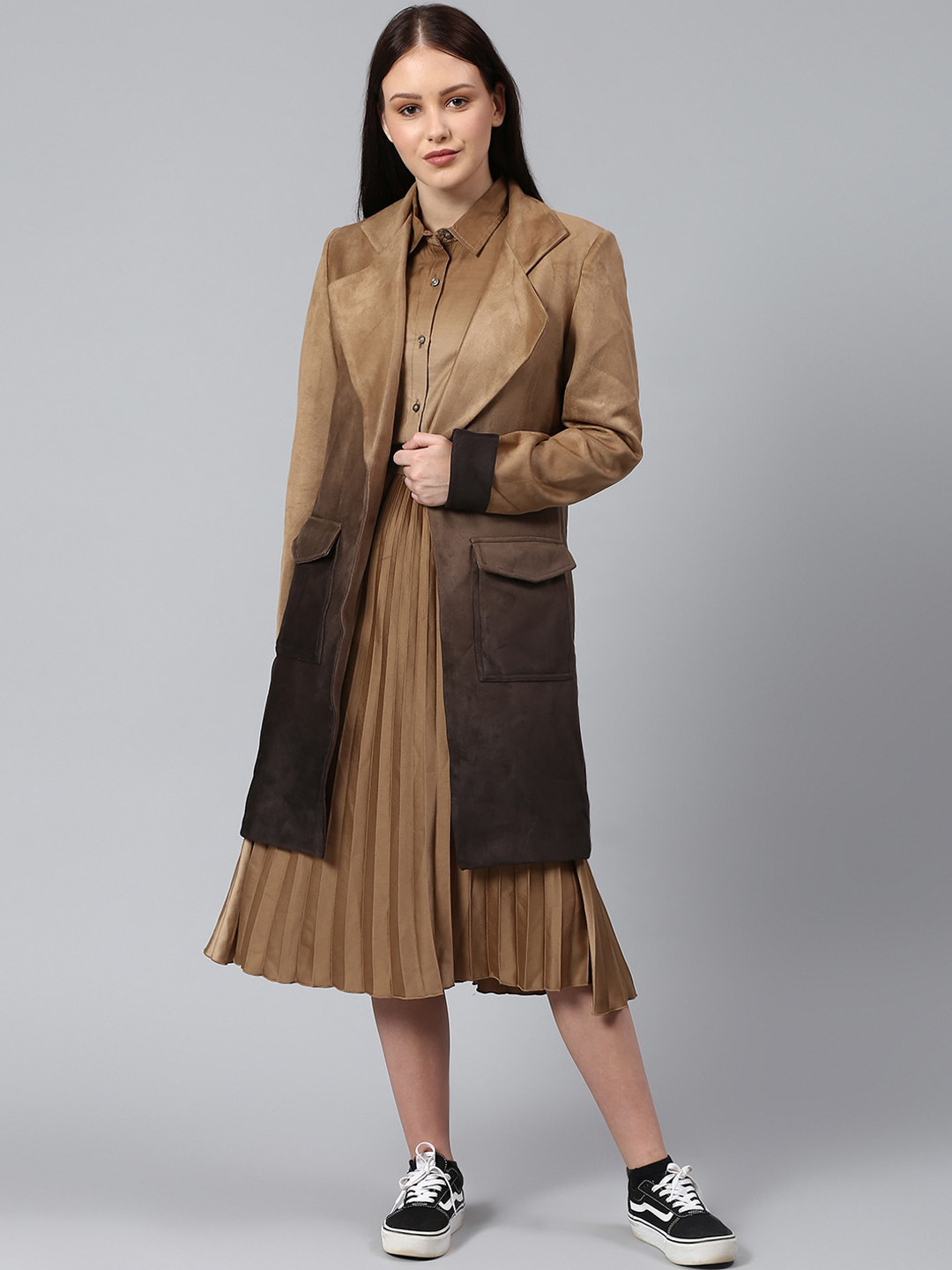 Campus Sutra Women Tan Brown Solid Suede Longline Overcoat