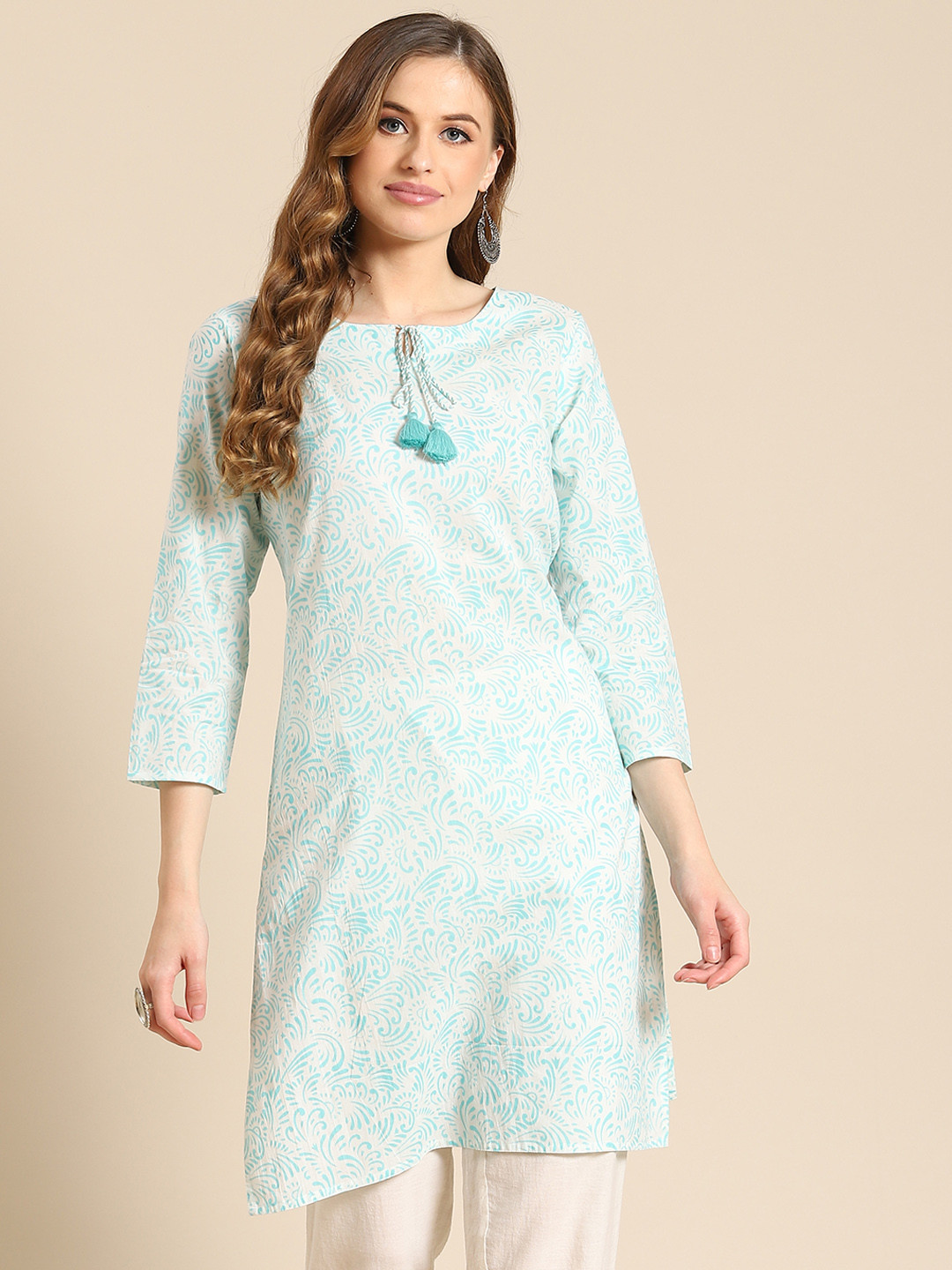 Prakrti White & Blue Printed Pure Cotton Kurti