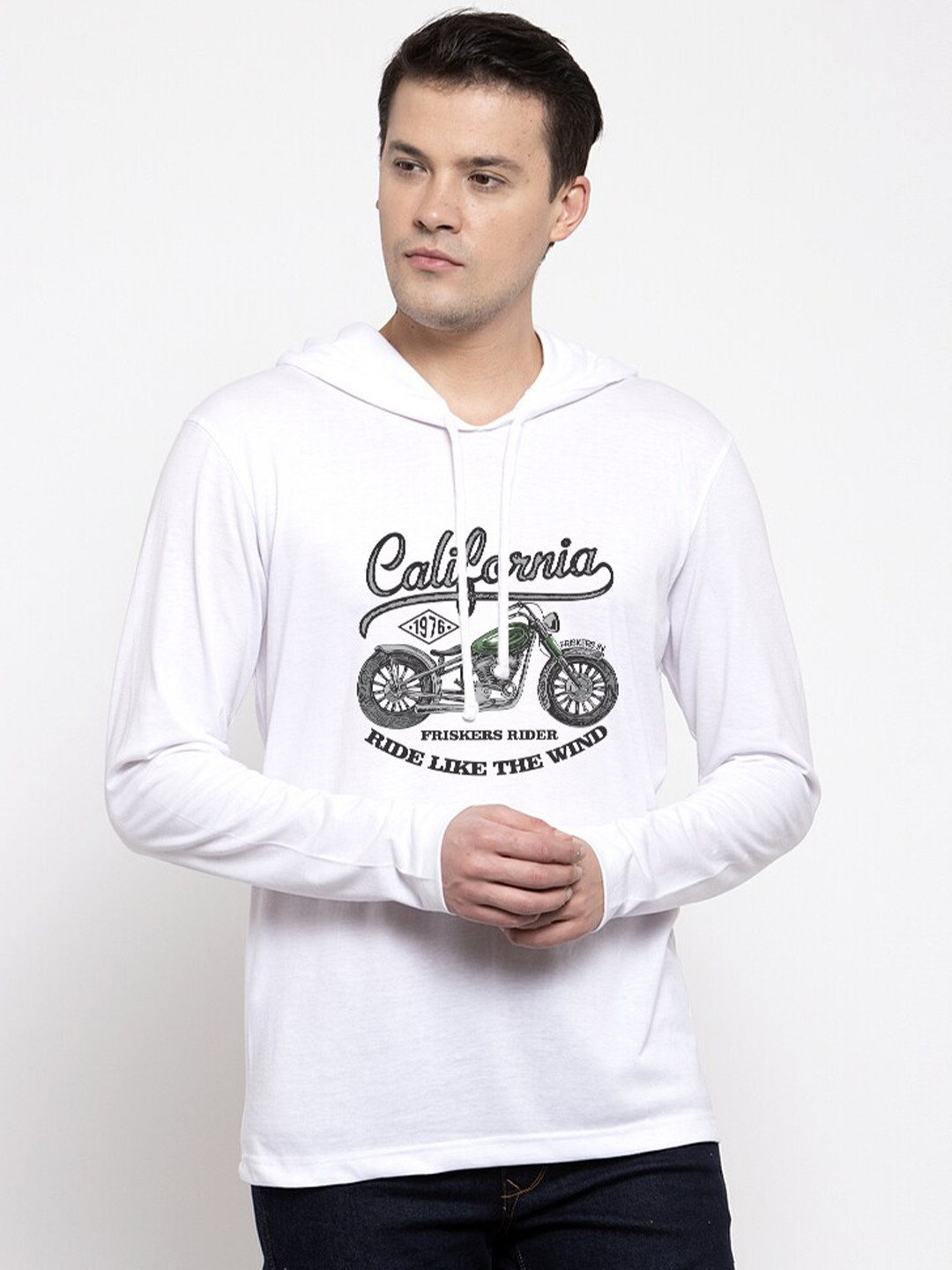 Friskers Men White Varsity Printed Full Sleeve Hooded T-Shirt