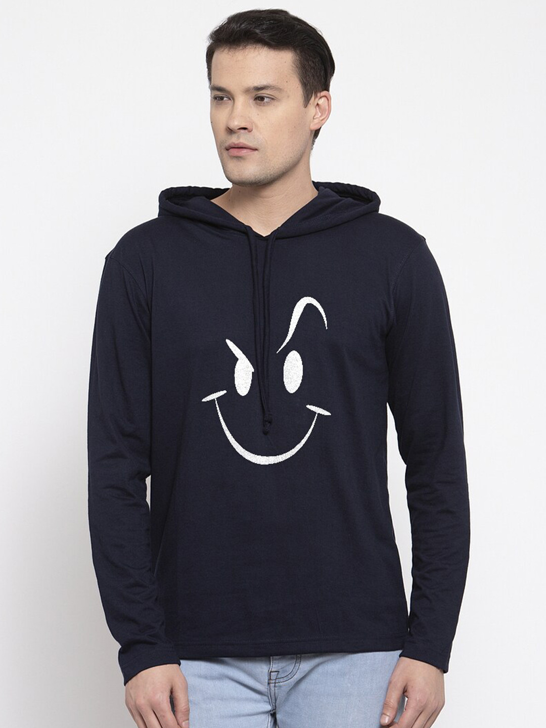 Friskers Men Navy Blue Printed Full Sleeve Hooded T-shirt
