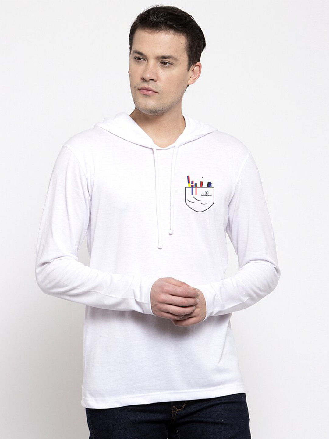 Friskers Men White Printed Full Sleeve Hooded T-Shirt