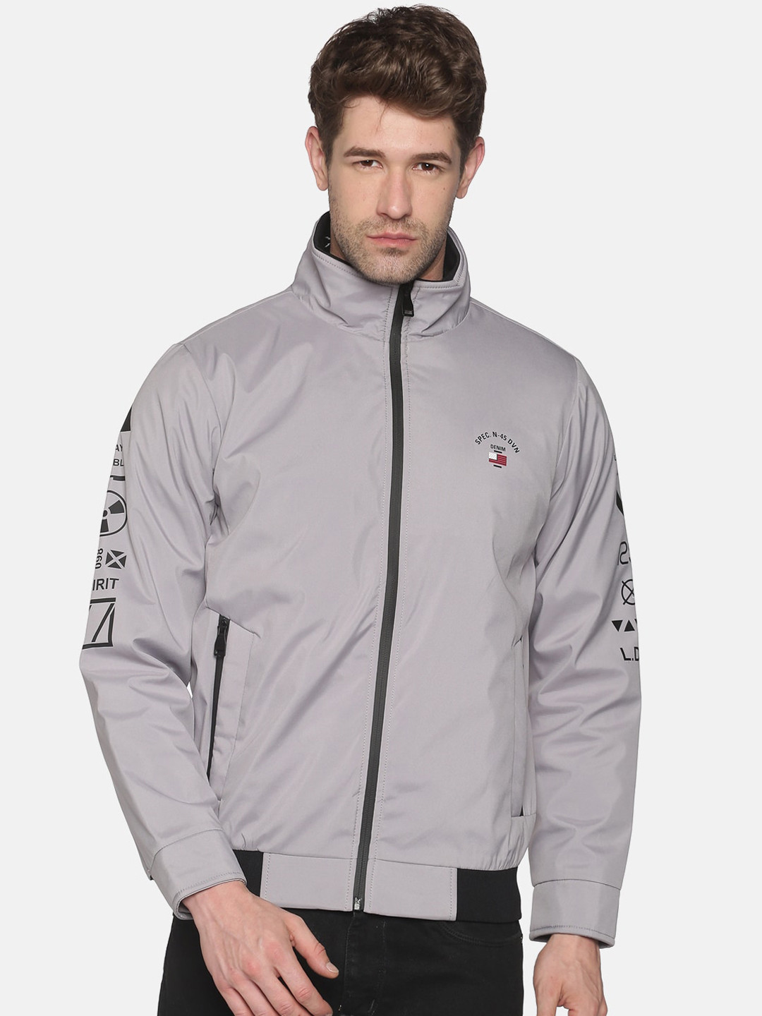 SHOWOFF Men Grey Lightweight Bomber with Patchwork Jacket