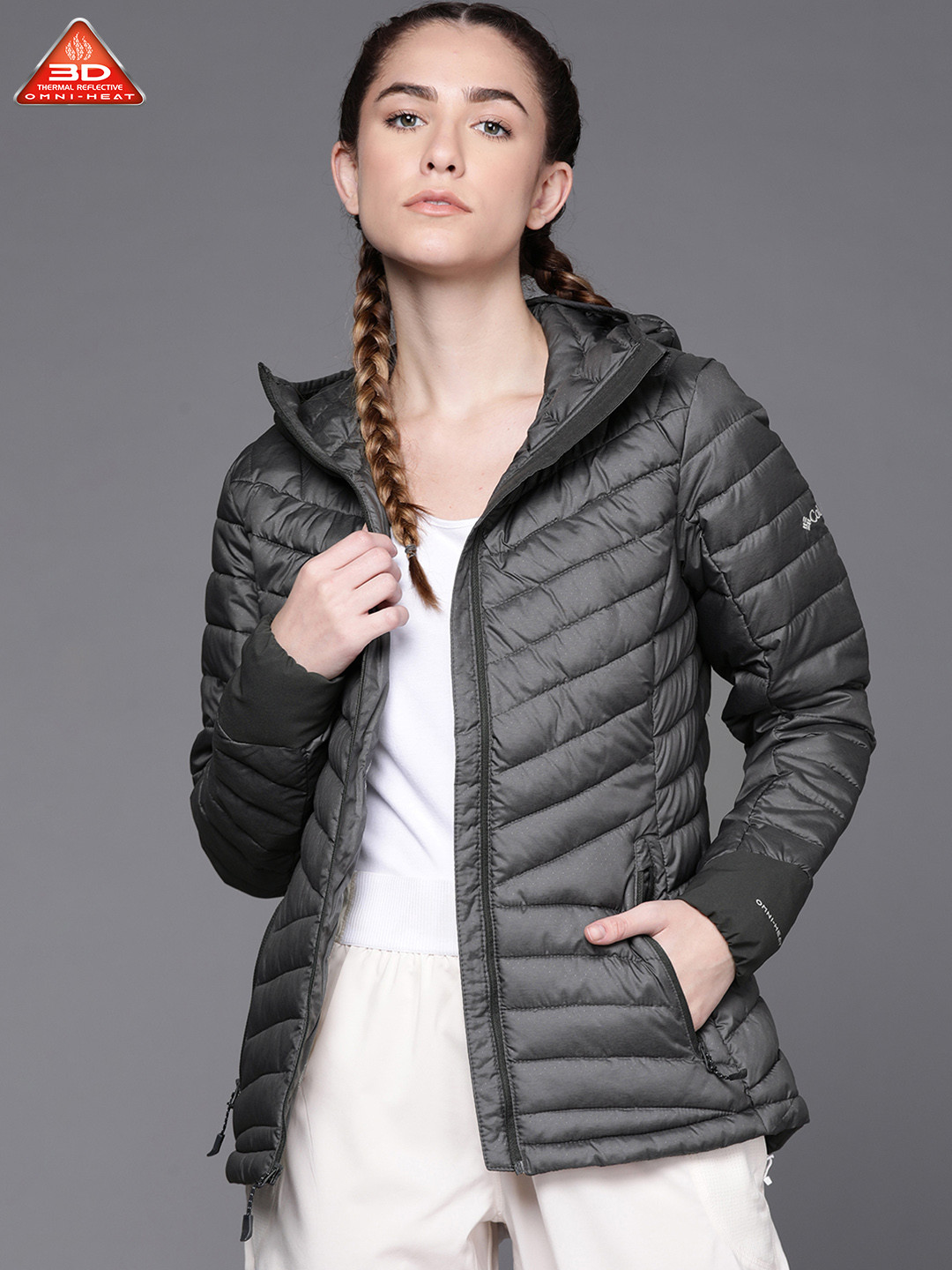 Columbia Women Charcoal Grey Windgates Hooded Insulator Hiking Padded Jacket