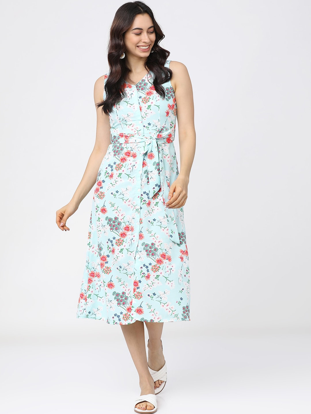 Tokyo Talkies Blue Floral Printed A-Line Midi Dress With Belt