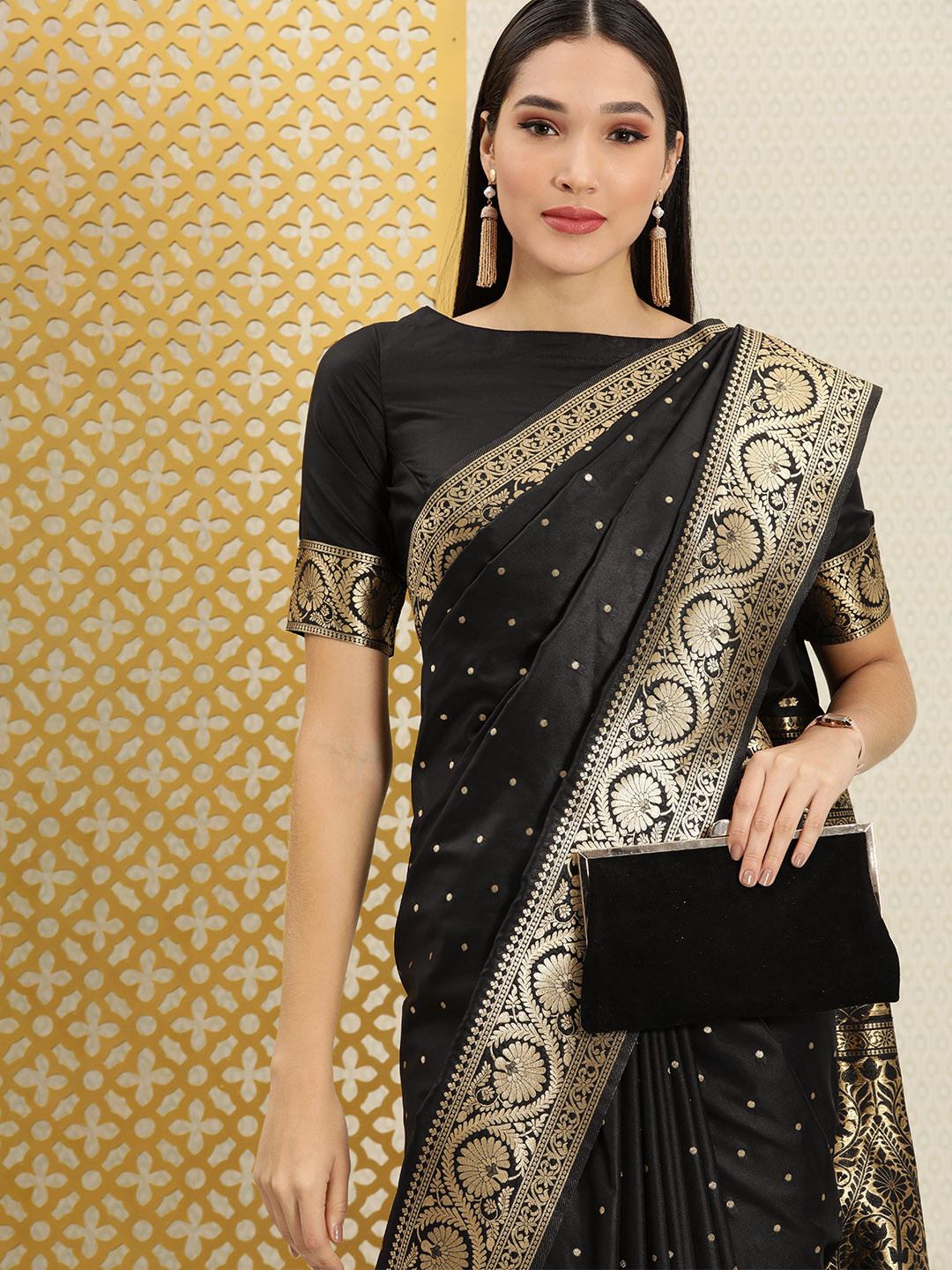 House of Pataudi Black & Gold-Toned Floral Zari Silk Blend Banarasi Saree