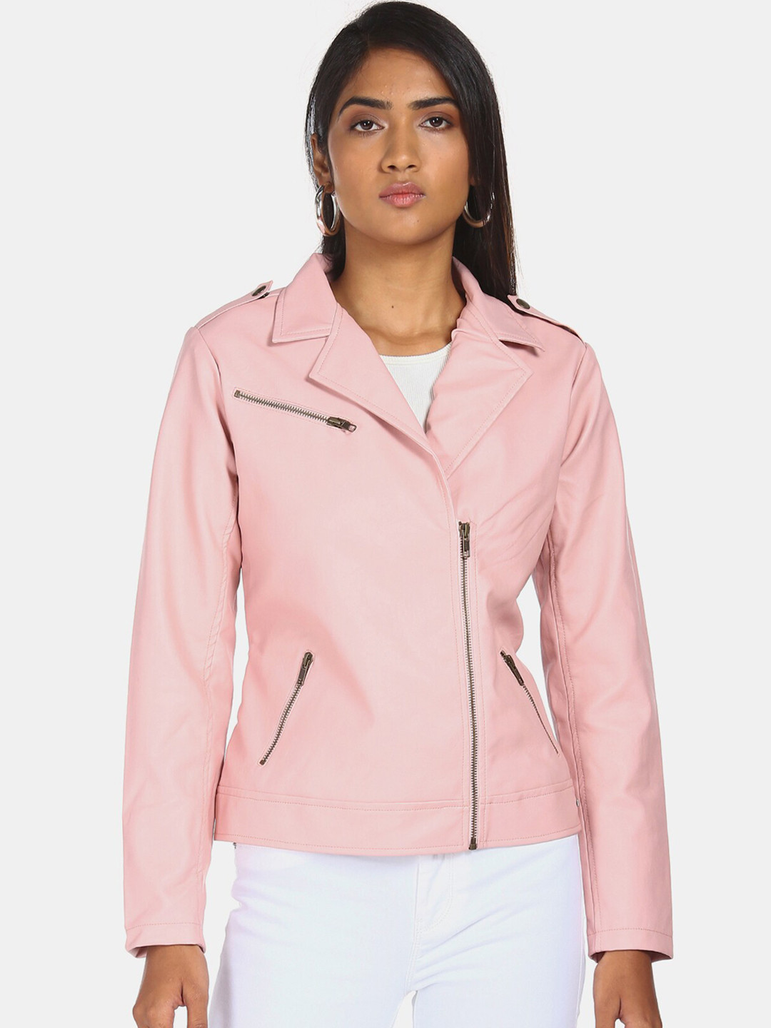 Flying Machine Women Pink Striped Longline Sporty Jacket with Embroidered