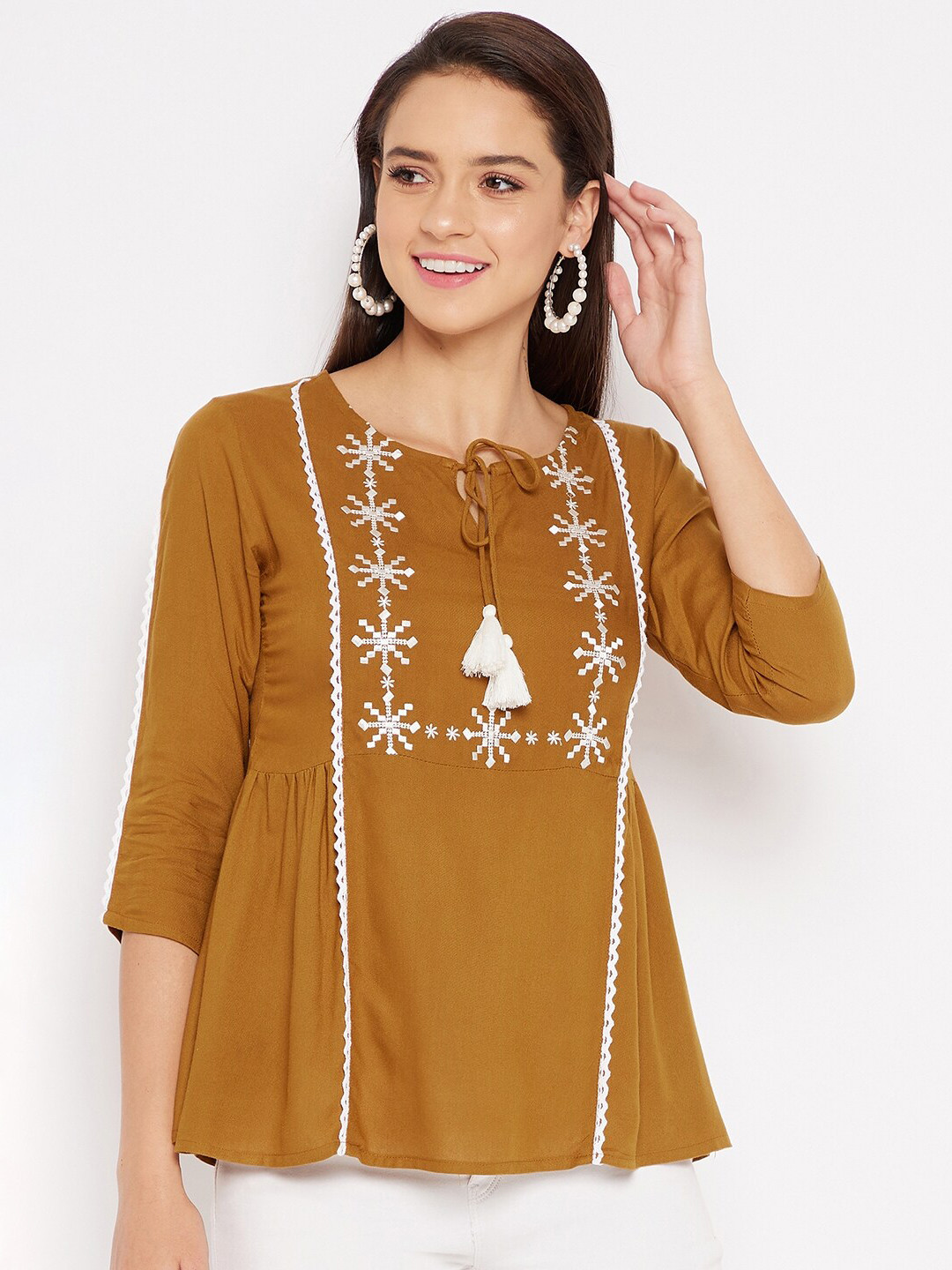 WineRed Camel Brown Geometric Embroidered Tie-Up Neck A-Line Top
