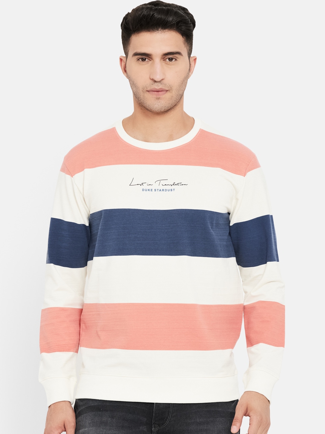 Duke Men Peach Striped Sweatshirt