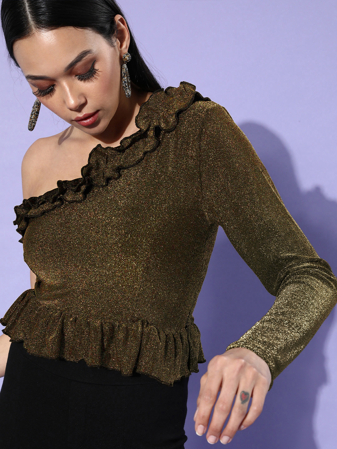 EVERYDAY by ANI Women Lovely Olive Solid One-Shoulder Top