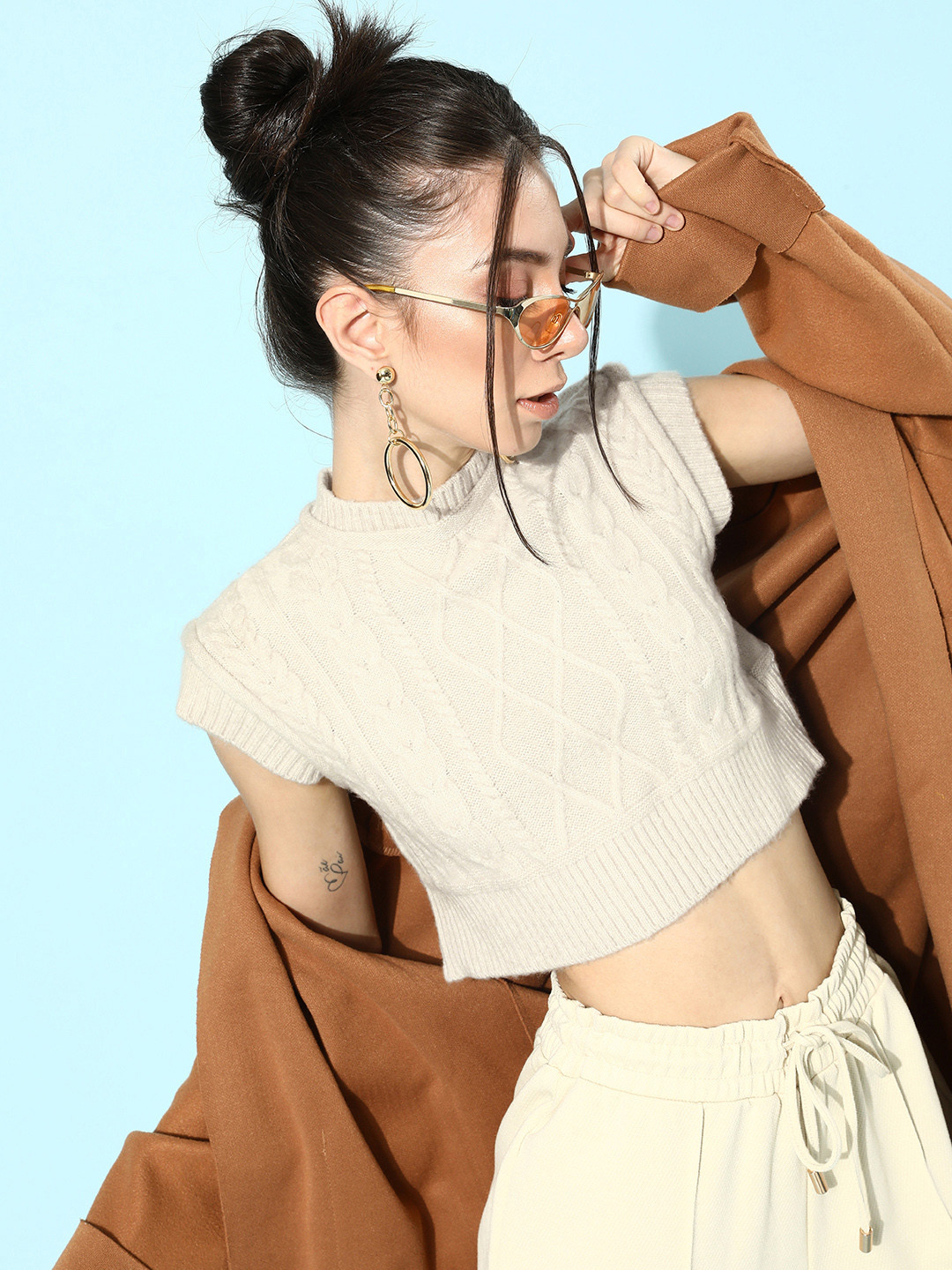 STREET 9 Women Classic Cream Ribbed Cropped Sweater