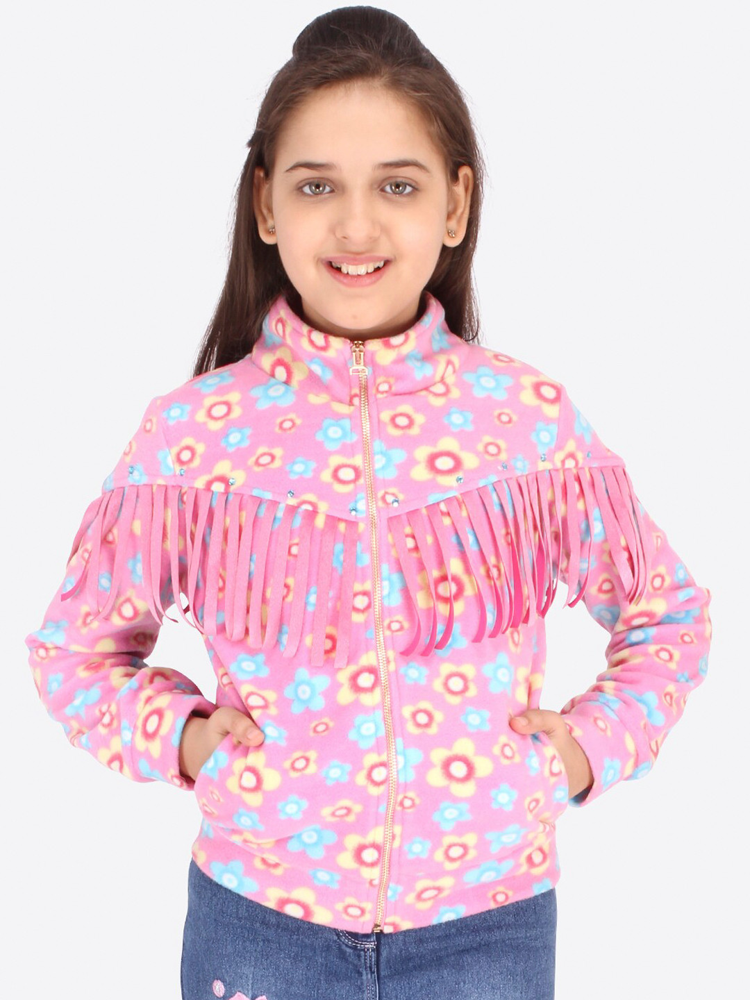 CUTECUMBER Girls Pink Floral Printed Fringes Front-Open Sweatshirt