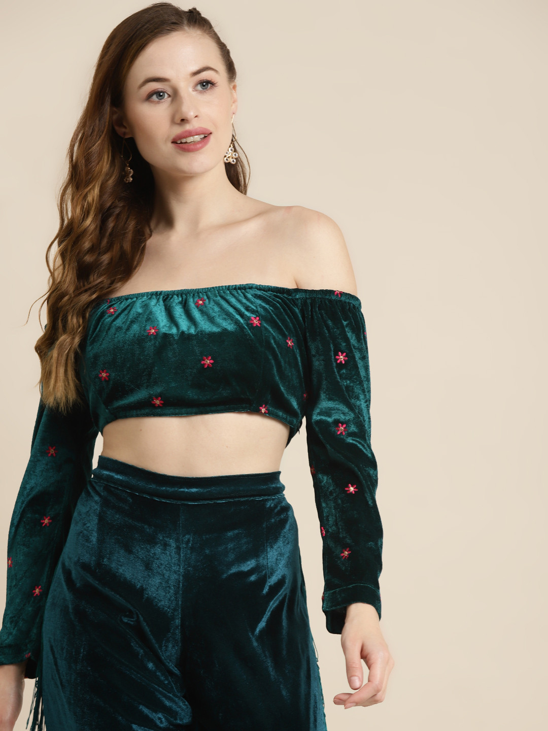 Shae by SASSAFRAS Teal & Gold-Toned Floral Embroidered Off-Shoulder Velvet Regular Crop Top
