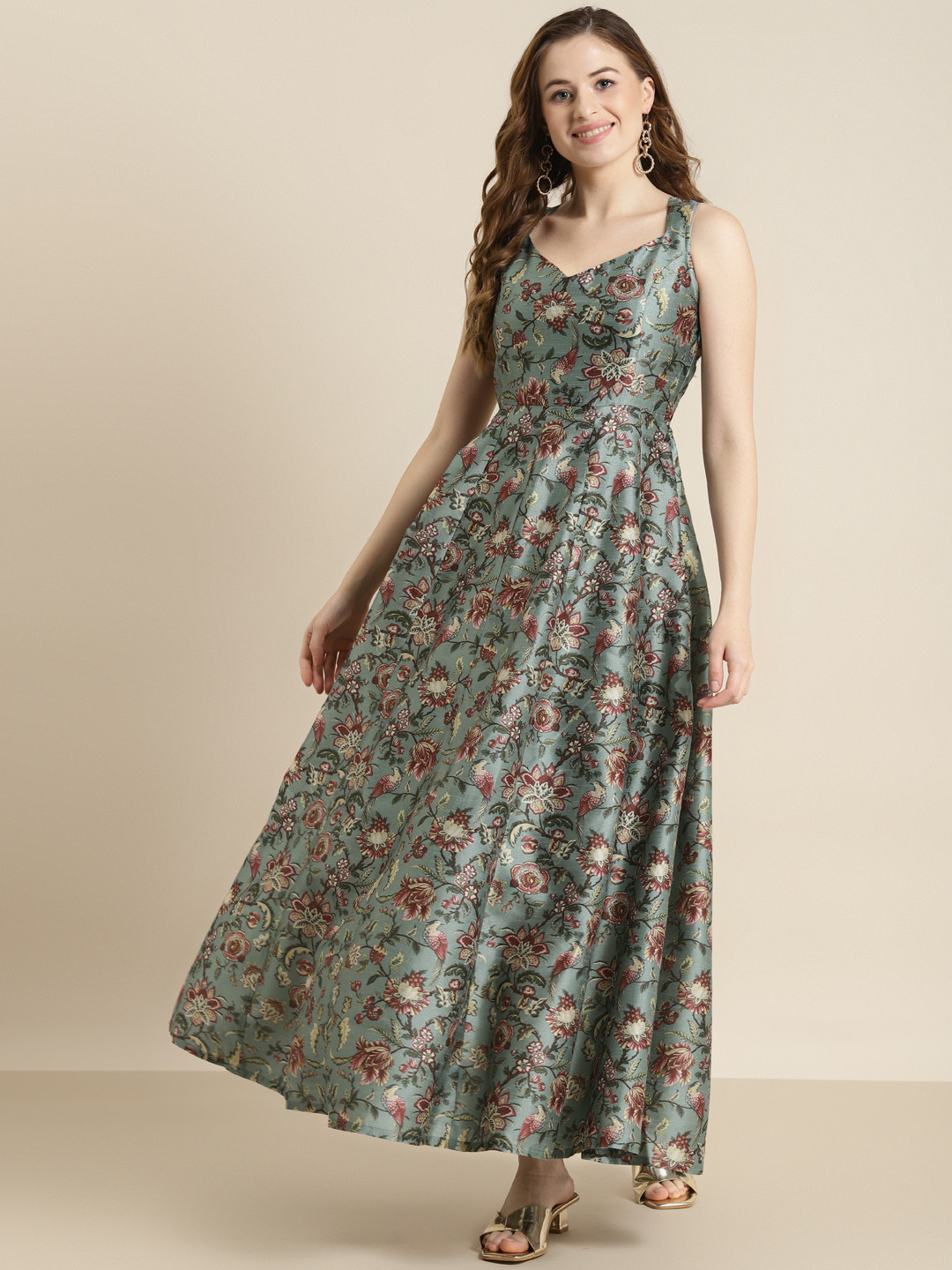 Shae by SASSAFRAS Olive Green & Maroon Floral Maxi Dress