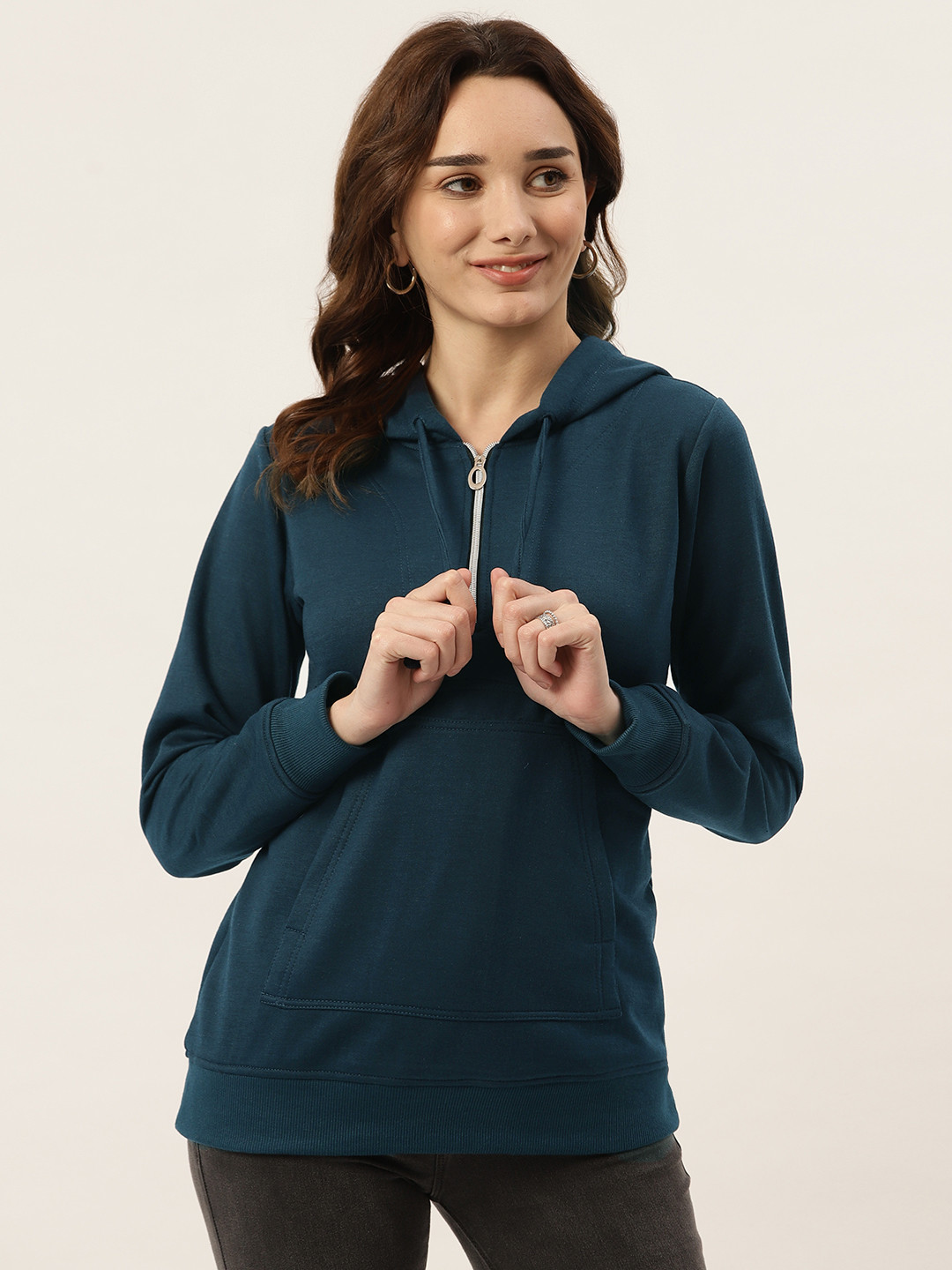 BRINNS Women Teal Blue Fleece Hooded Sweatshirt