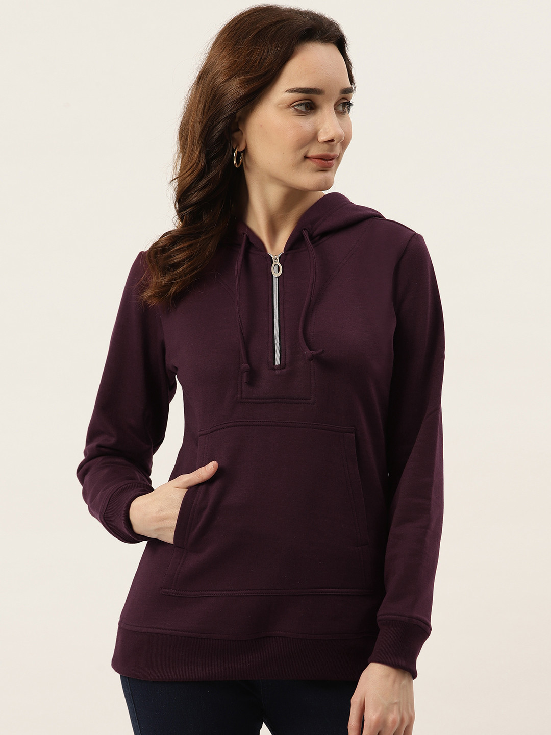 BRINNS Women Burgundy Fleece Hooded Sweatshirt