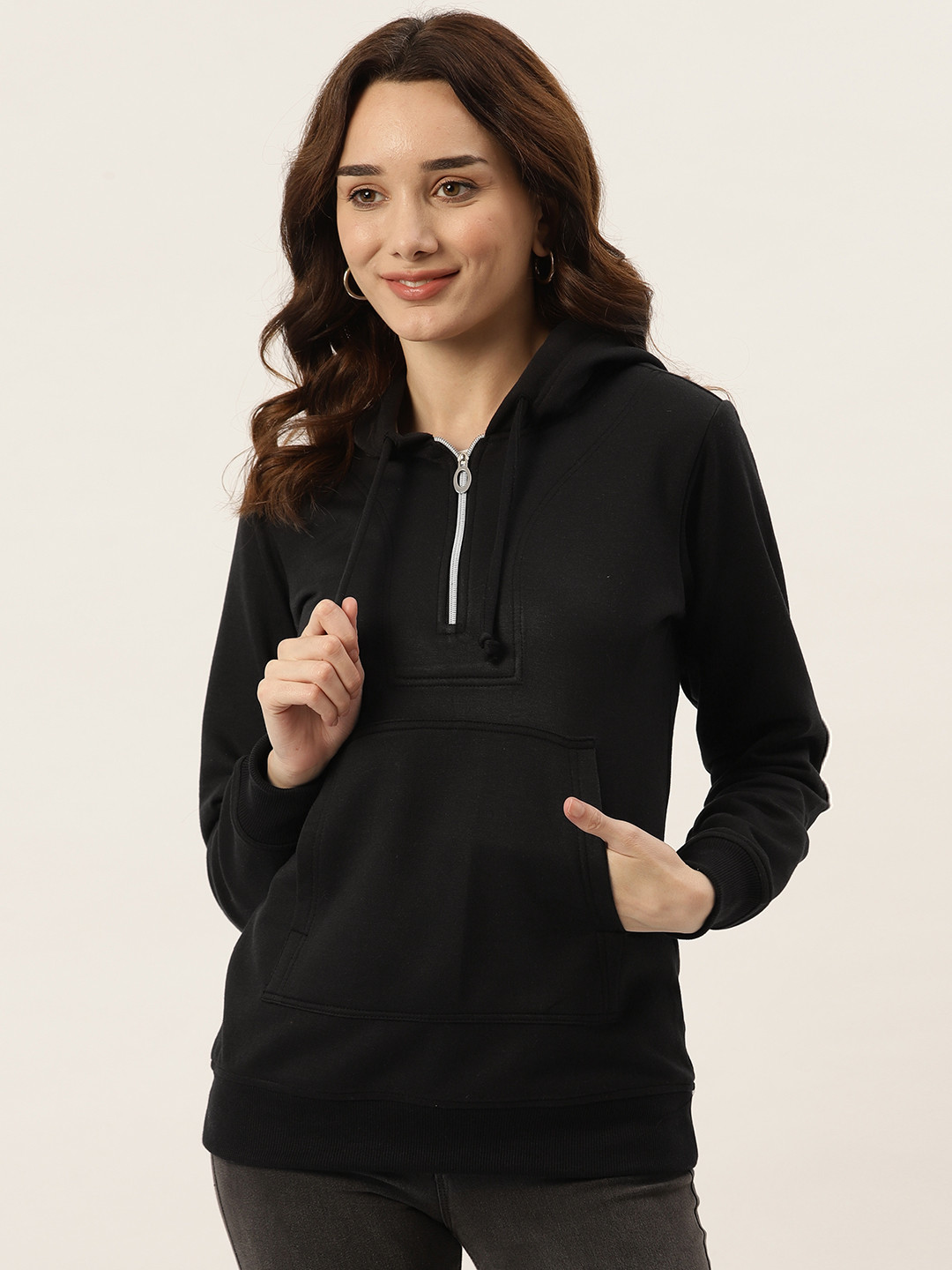 BRINNS Women Black Fleece Hooded Sweatshirt
