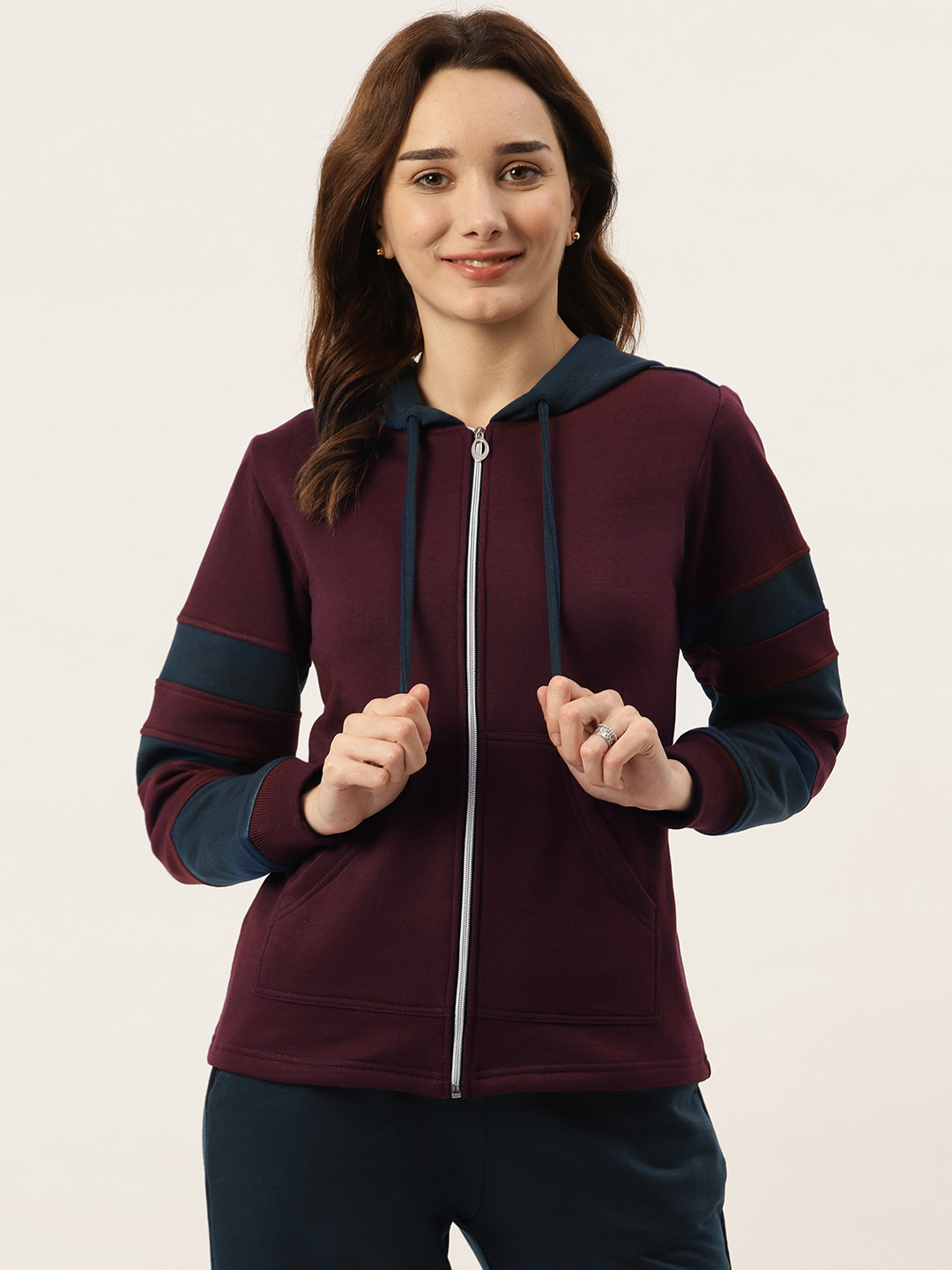 BRINNS Women Burgundy & Navy Blue Striped Fleece Hooded Sweatshirt