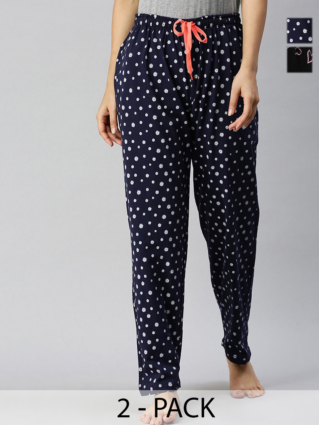 Kryptic Pack of 2 Women Black & Navy Blue Cotton Printed Pyjamas