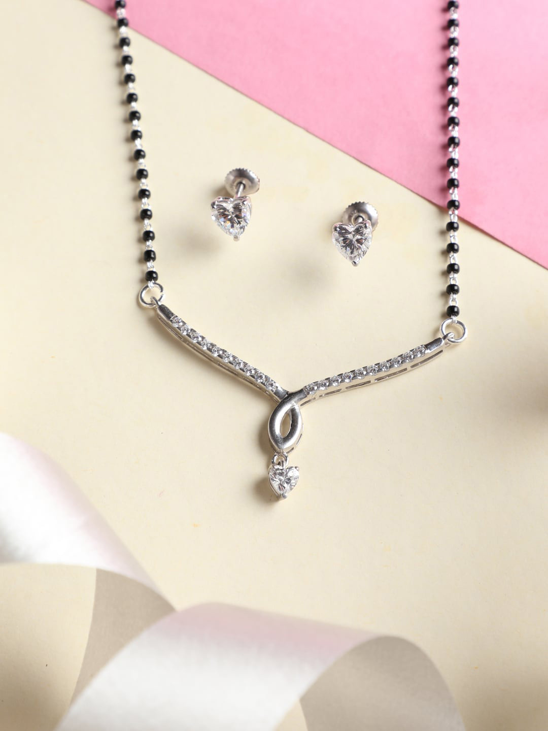 Clara Silver-Toned Rhodium-Plated Black Beaded Mangalsutra Set