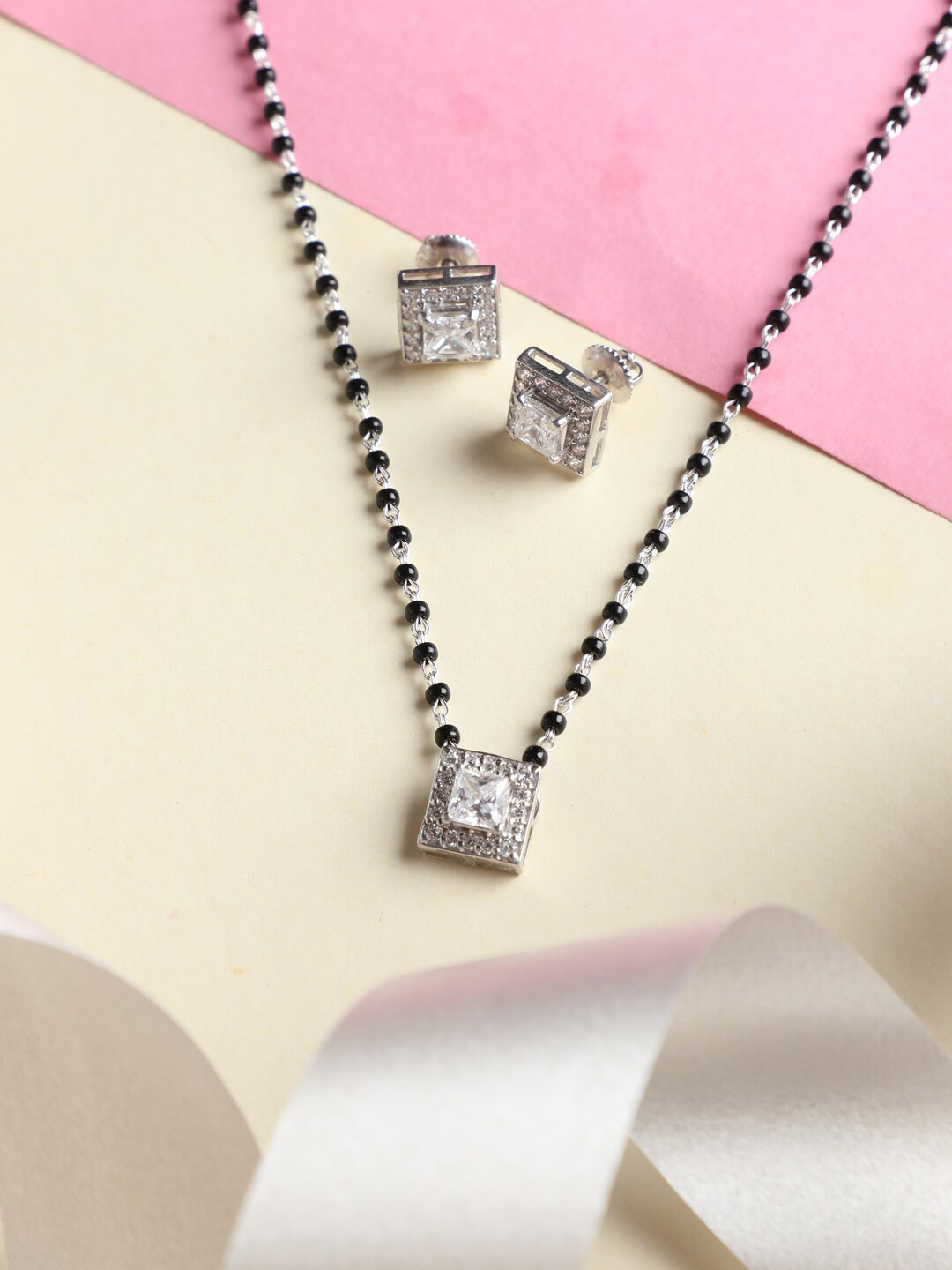 Clara Black & Silver Toned Sterling Silver Rhodium Plated Beaded Mangalsutra