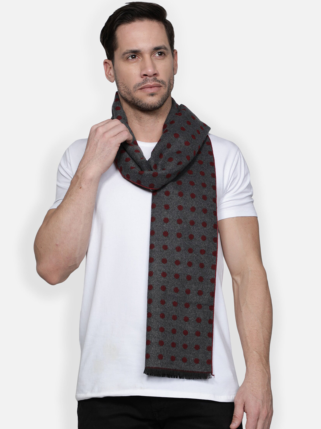 Alvaro Castagnino Men Maroon and Grey Polka Dot Printed Muffler