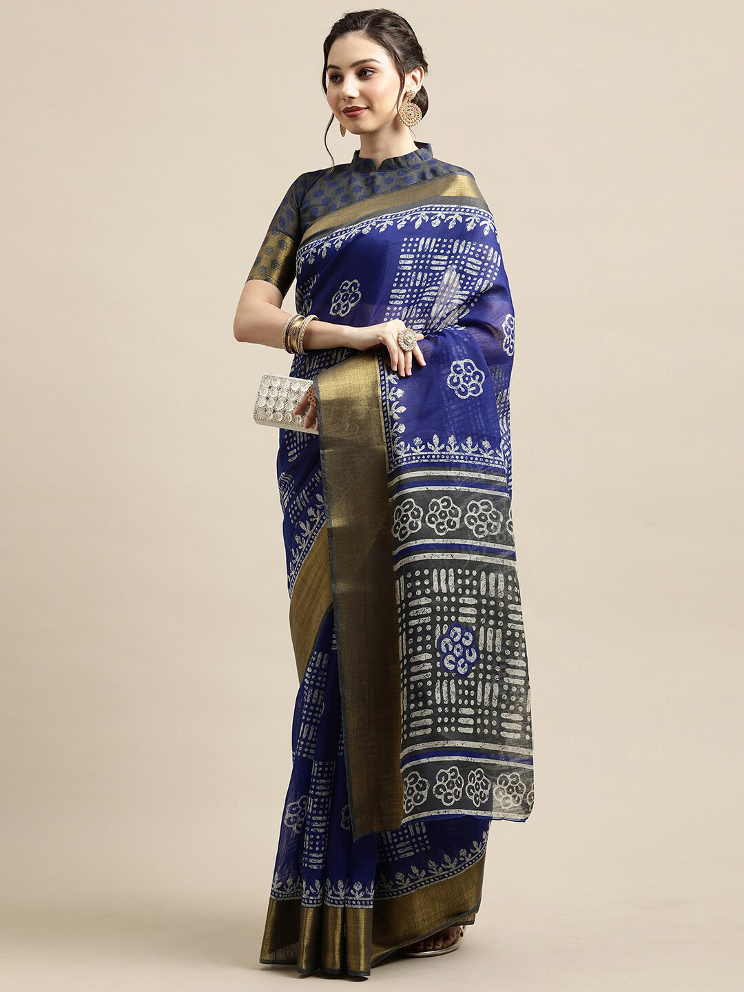 Saree mall Blue & White Ethnic Motifs Zari Linen Blend Sarees