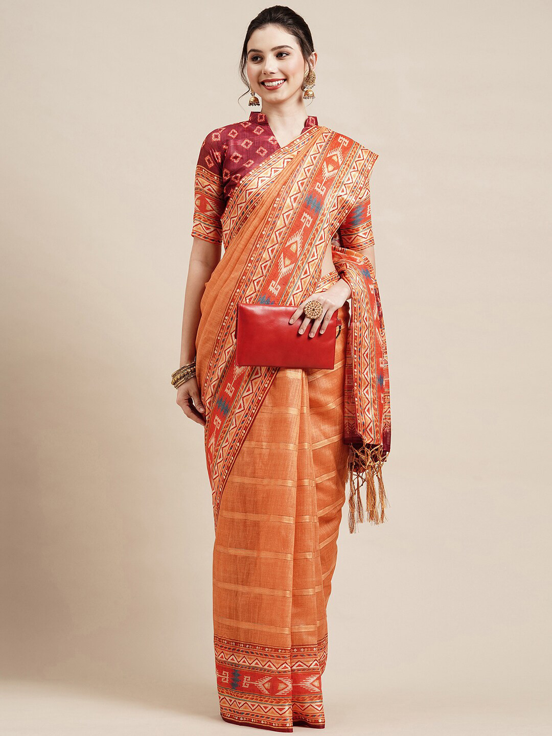 Saree mall Orange & Red Striped Linen Blend Saree