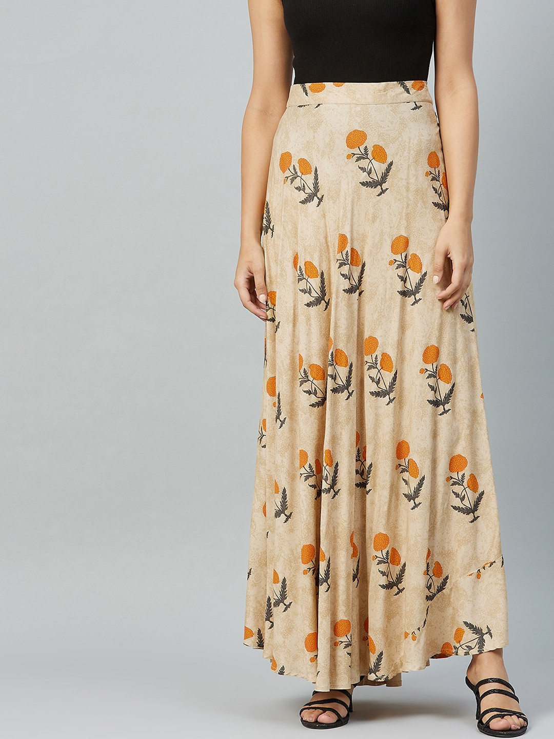 RARE Women Beige & Orange Floral Printed Maxi Skirt