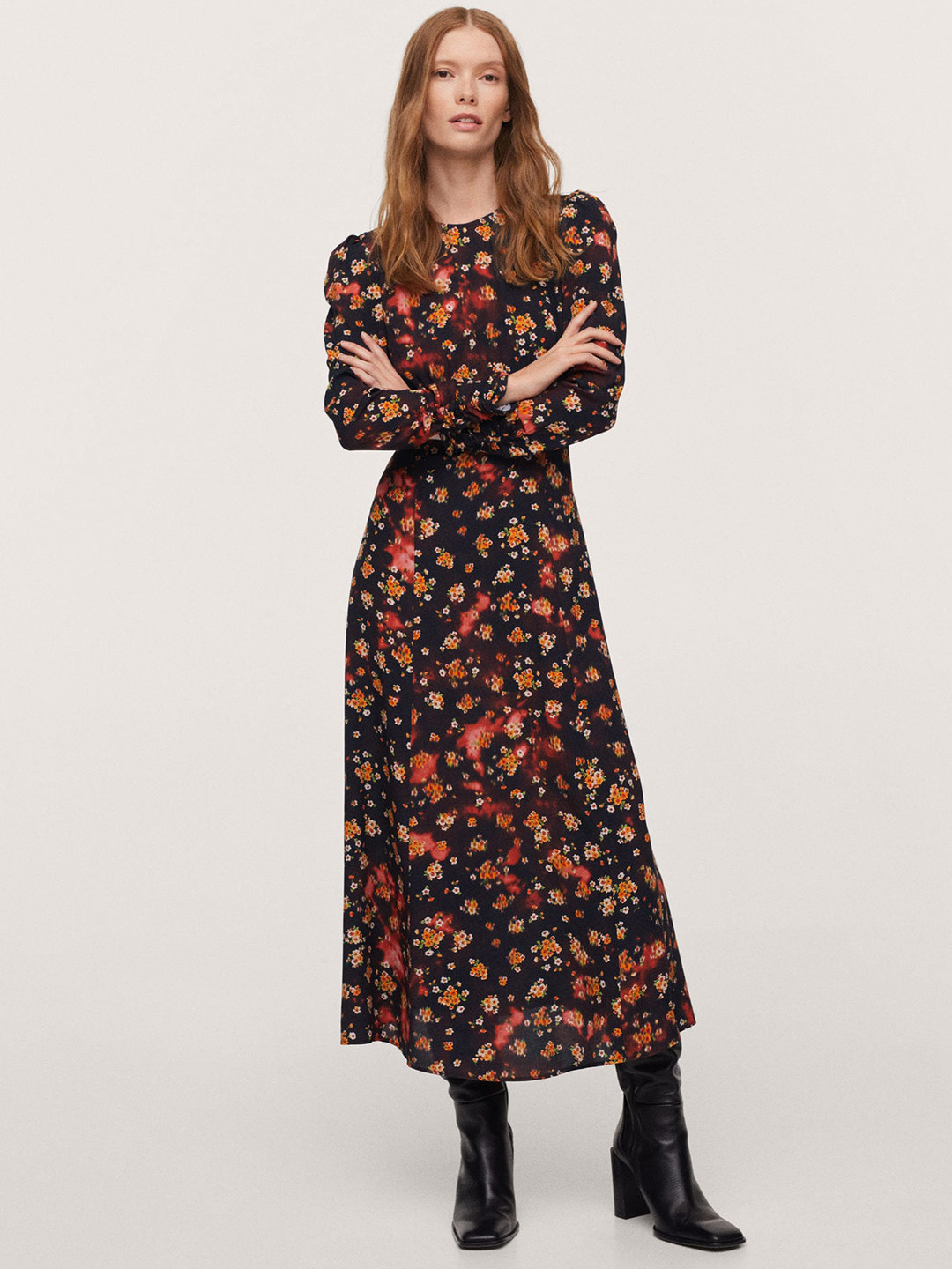 MANGO Black & Red Floral Printed Dyed Midi Dress