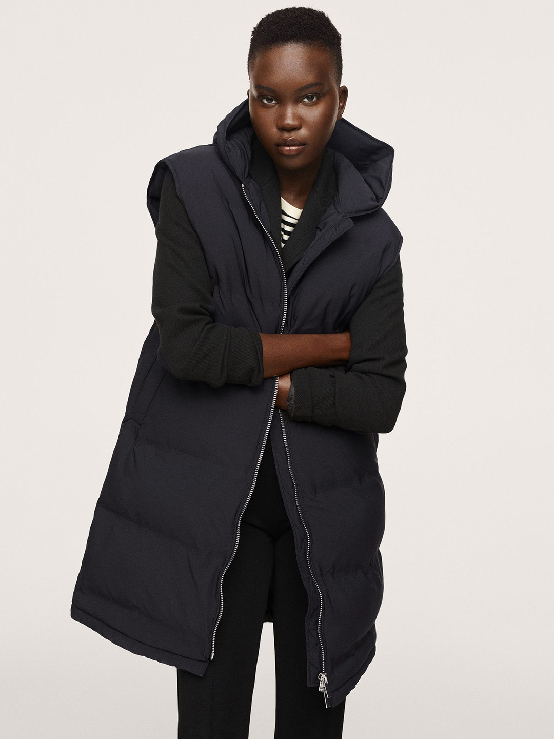 MANGO Women Navy Blue Solid Longline Puffer Jacket