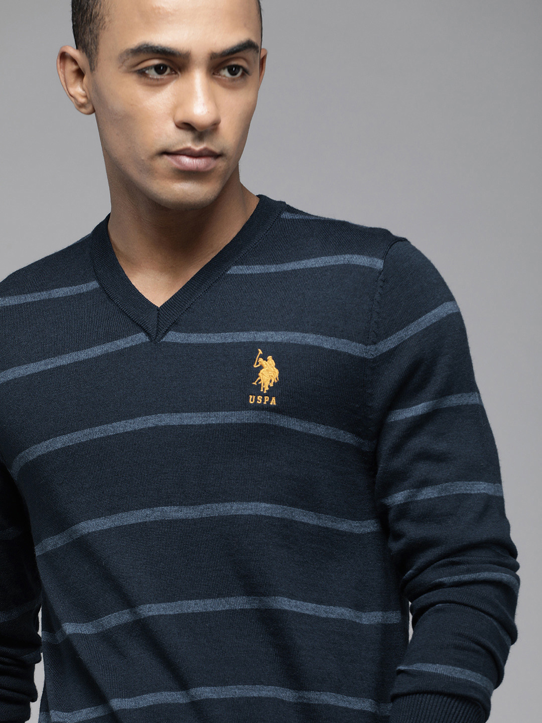 U S Polo Assn Men Navy Blue Striped Pullover Sweater