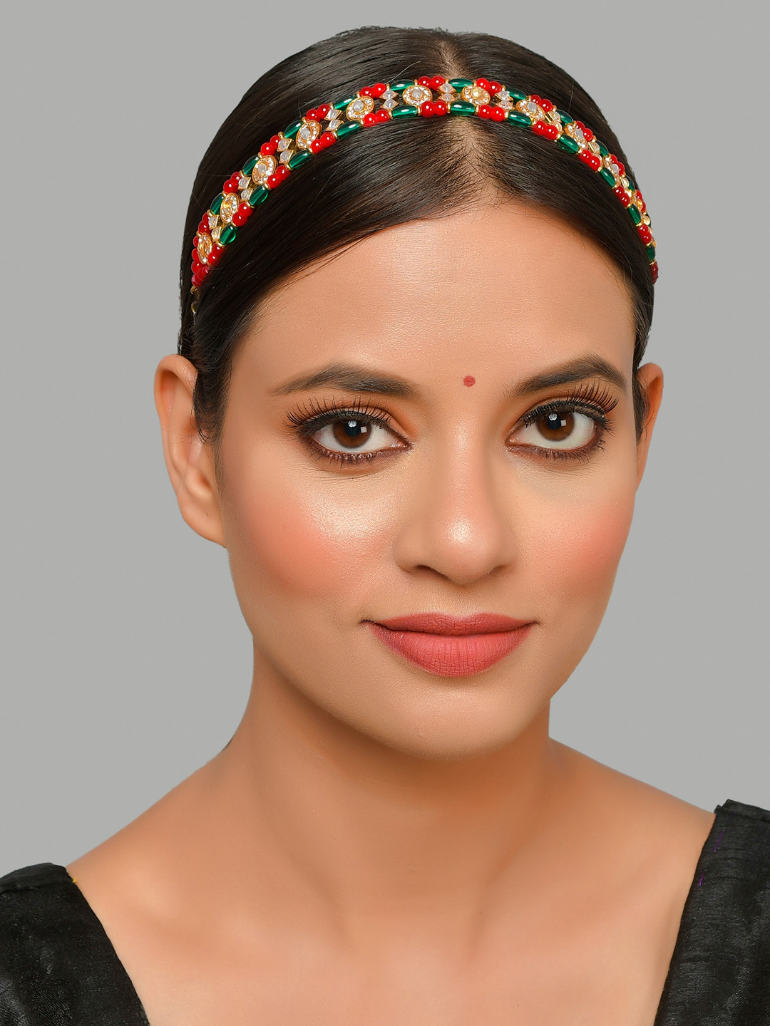 Silvermerc Designs Gold-Plated White & Green Stone-Studded & Beaded Traditional Headchain