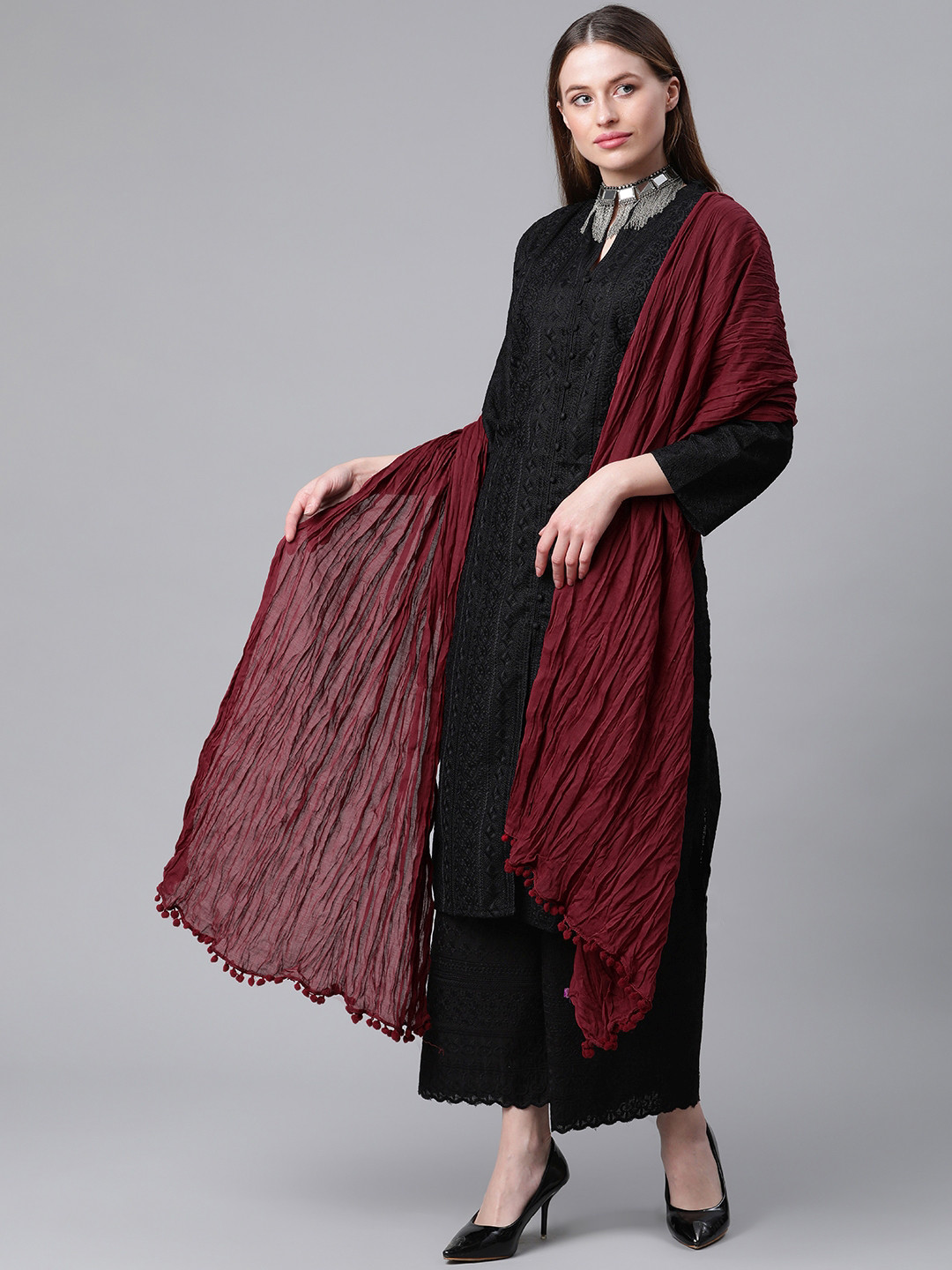 Rangriti Women Maroon Pure Cotton Crinkled Dupatta