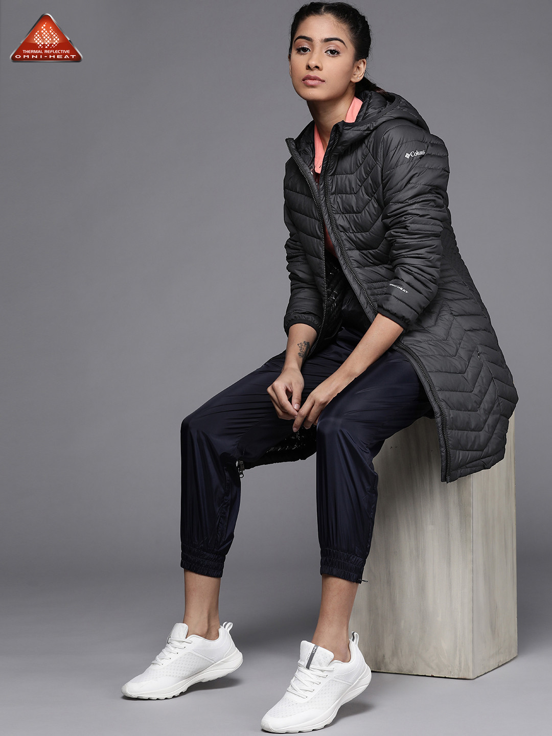 Columbia Women Black Hooded Powder Lite Longline Padded Jacket with Omni-Heat