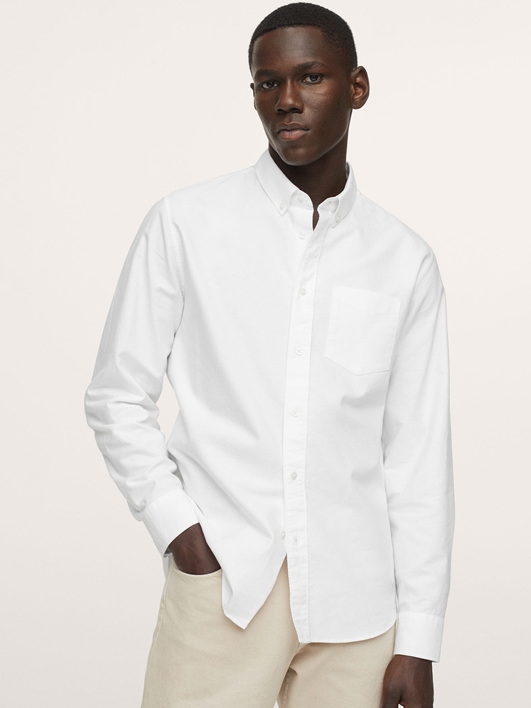 MANGO MAN Men White Solid Pure Cotton Casual Shirt