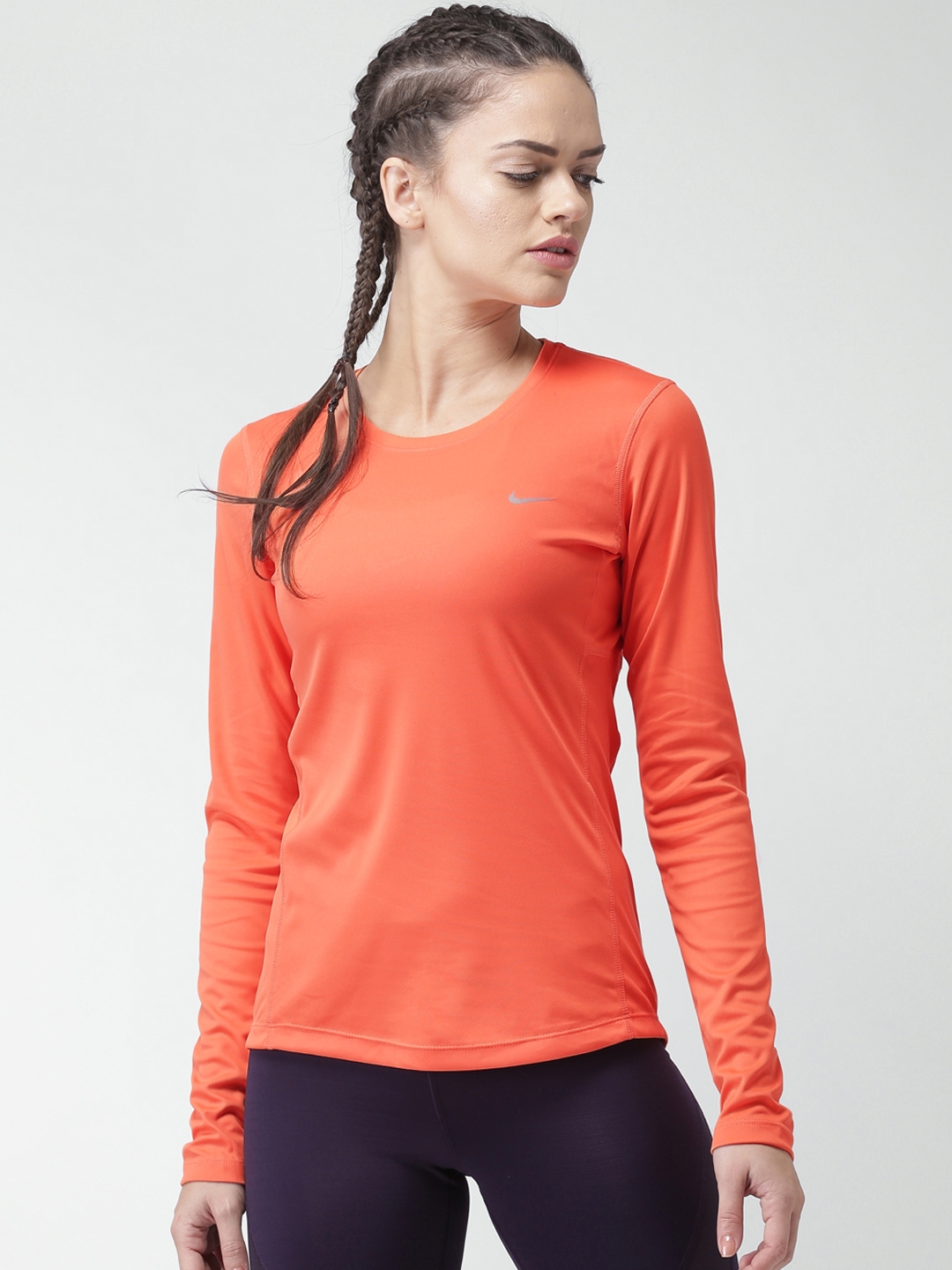Nike Women Orange Solid As Miler Long Sleeve Dri Fit Running T Shirt