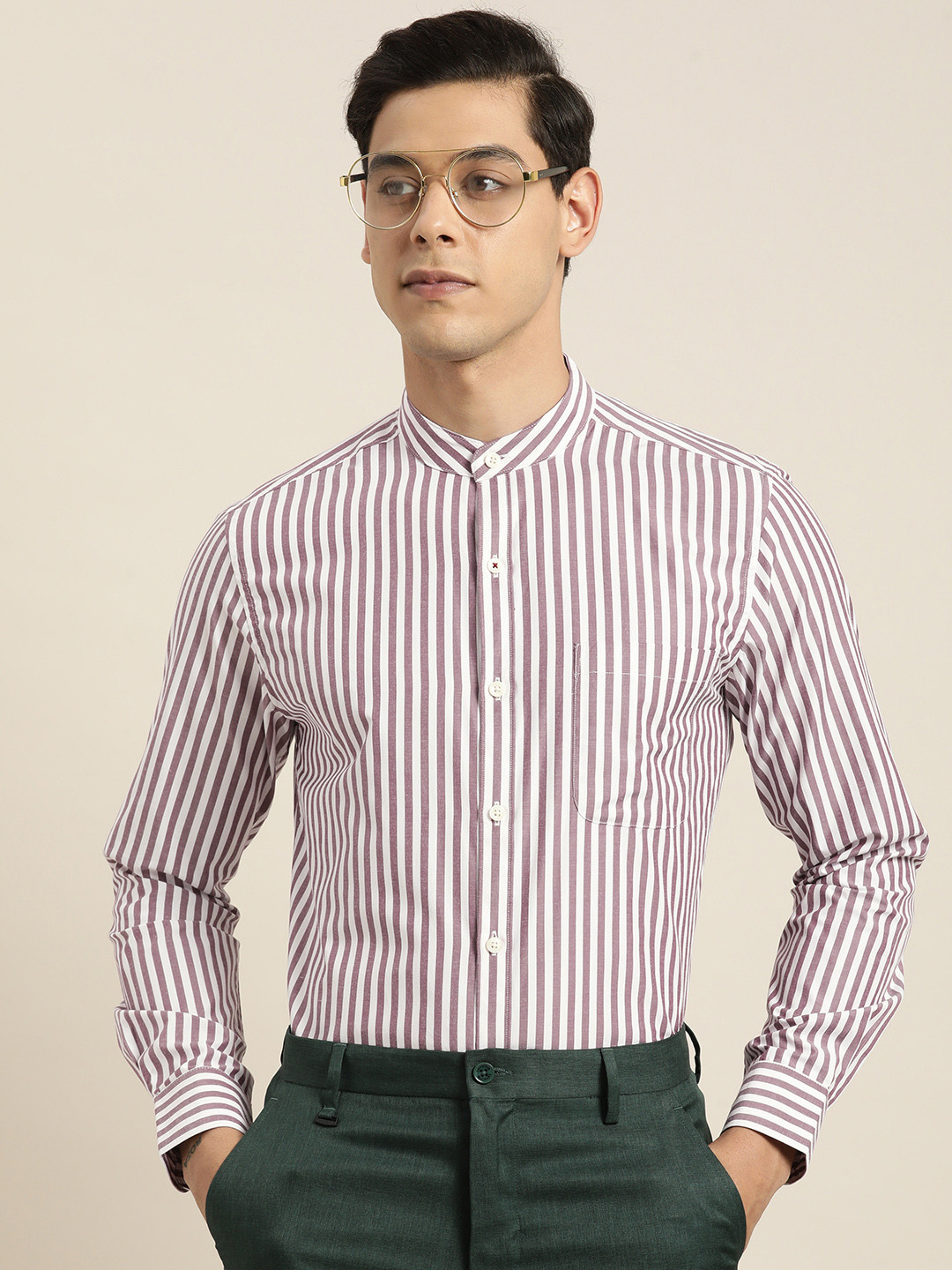 INVICTUS Men Brown And White Slim Fit Striped Semiformal Shirt