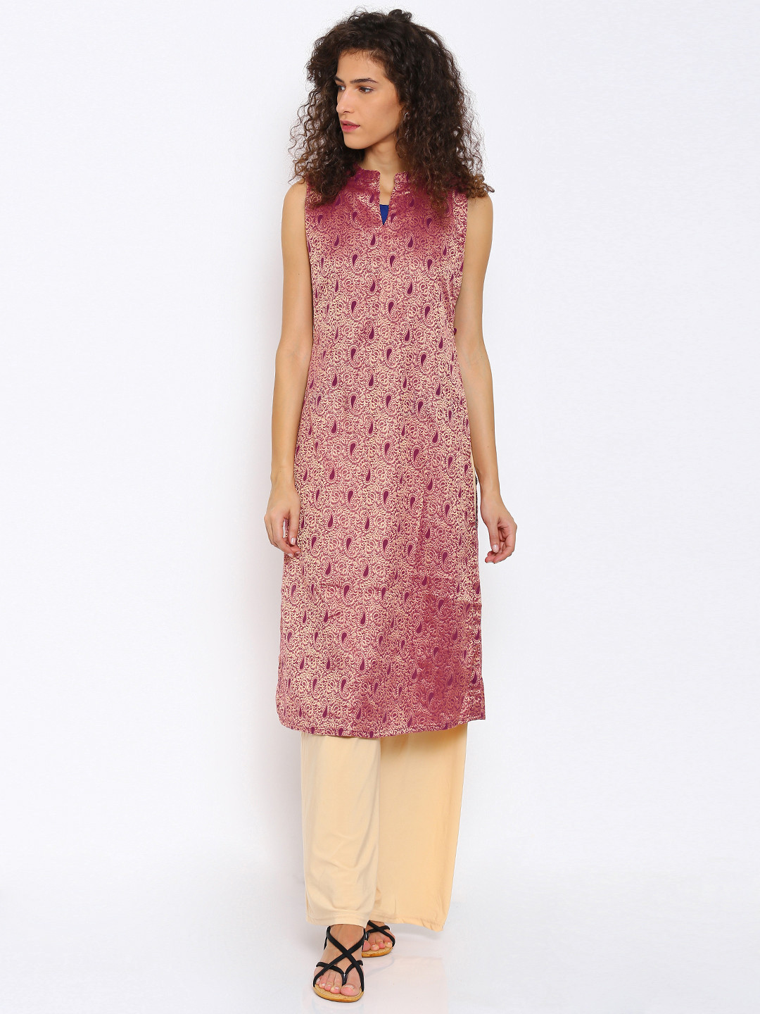 Mother Earth Women Pink & Gold-Toned Brocade Kurta