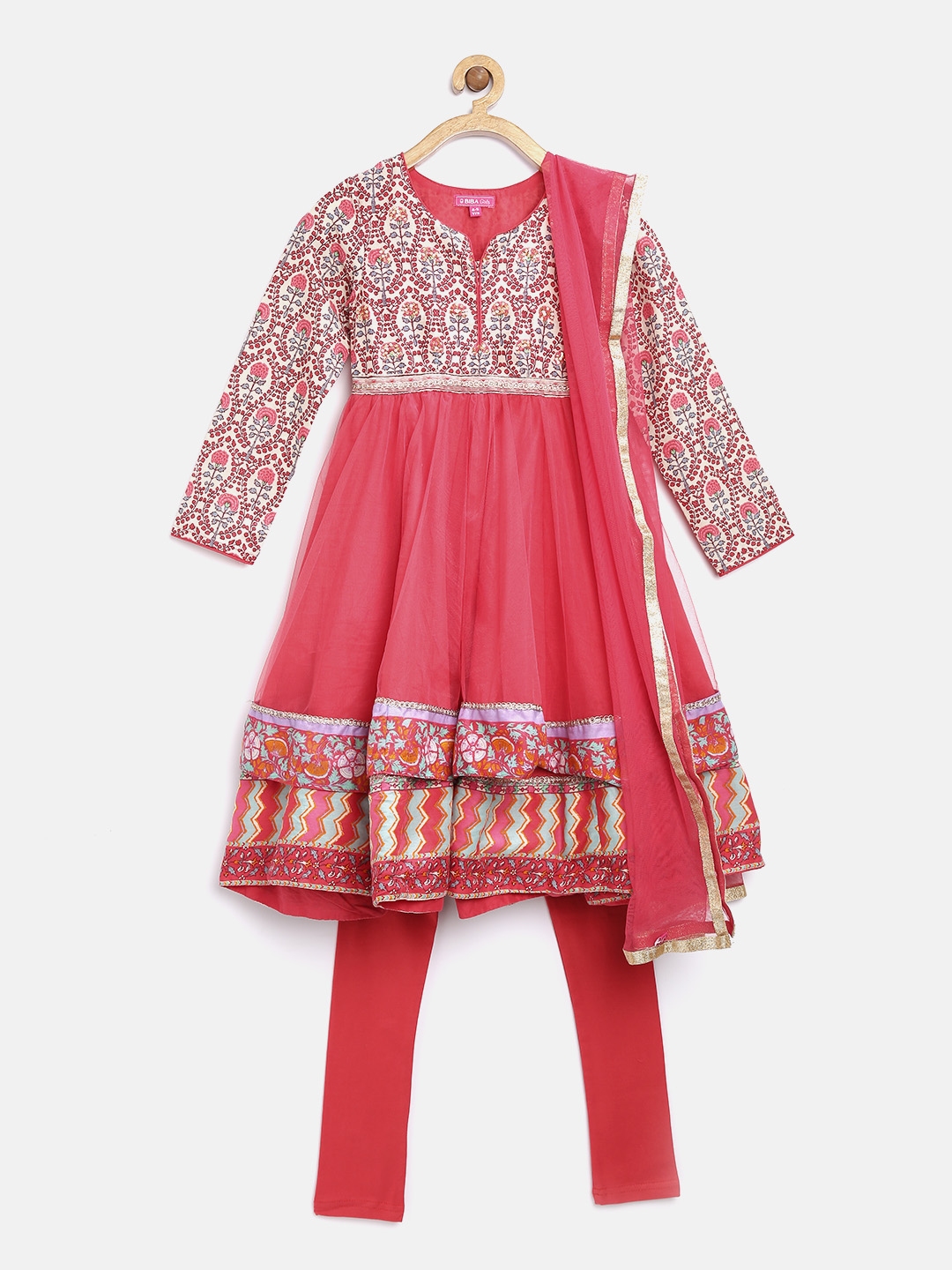 Buy Biba Girls Coral Pink Tiered Anarkali Churidar Kurta With