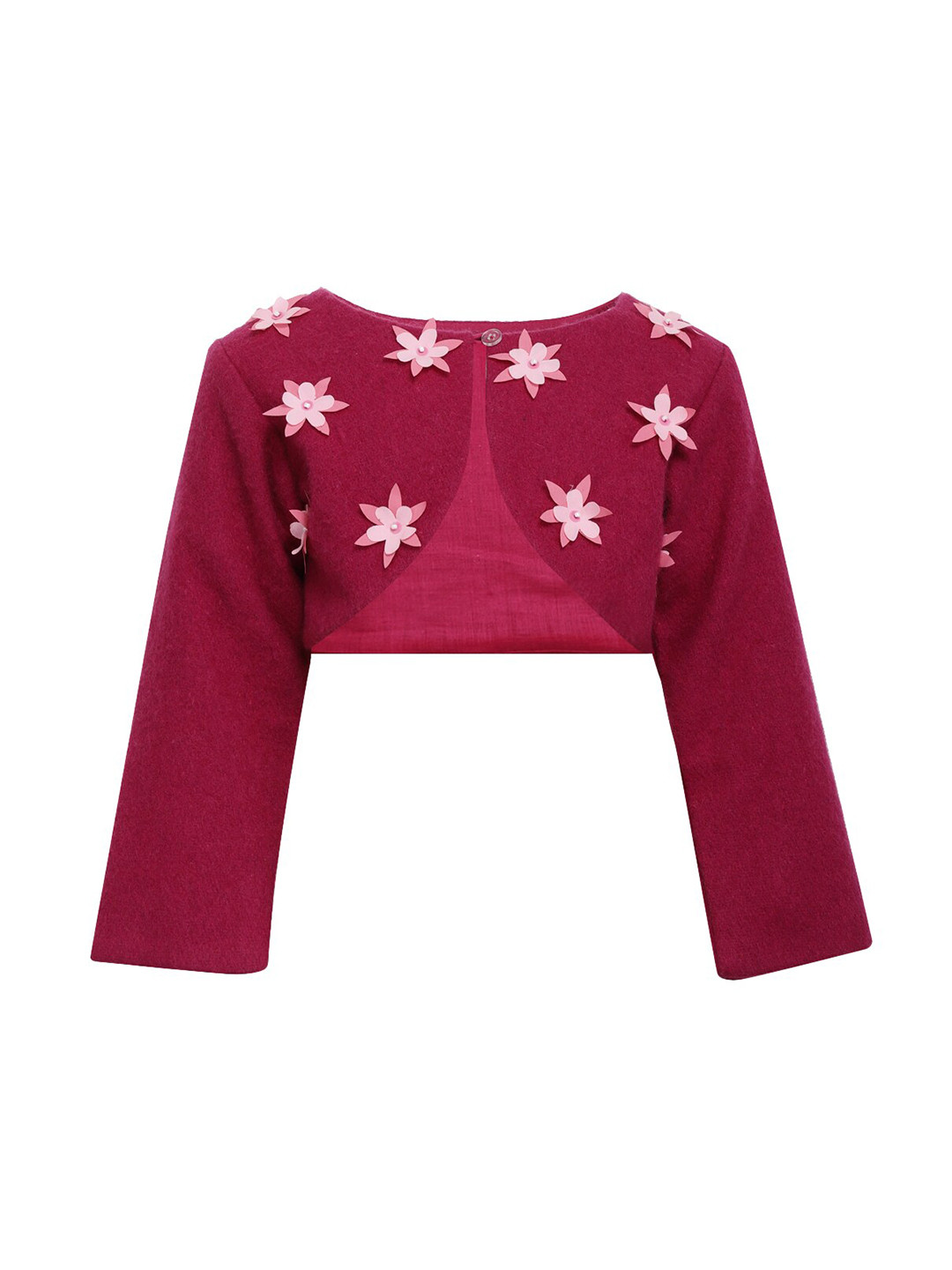 A Little Fable Girls Pink & White Daisy Self Design Wool Crop Shrug