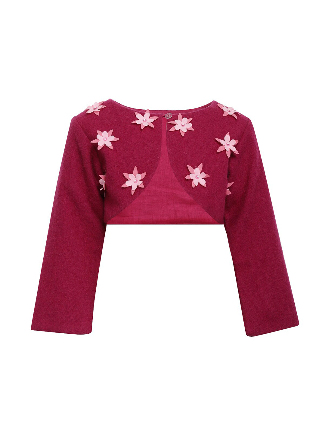 A Little Fable Girls Pink & White Embroidered Crop Button Shrug