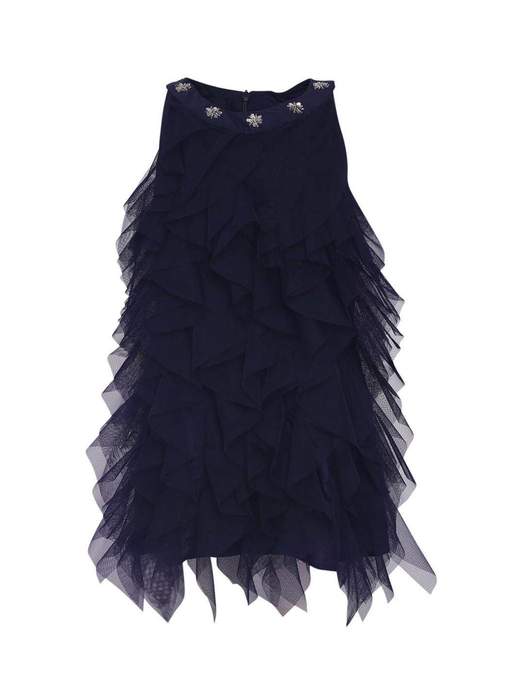 A Little Fable Navy Blue Crepe Waterfall Ruffles A-Line Dress