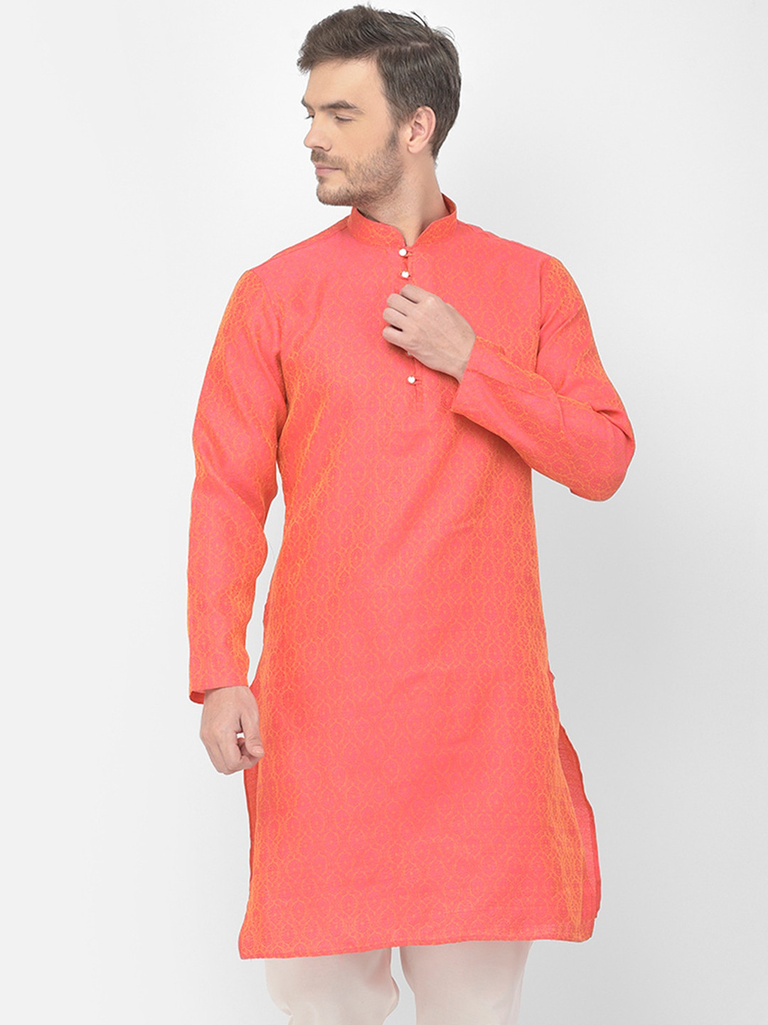 SG LEMAN Men Peach-Coloured & Purple Jacquard Kurta