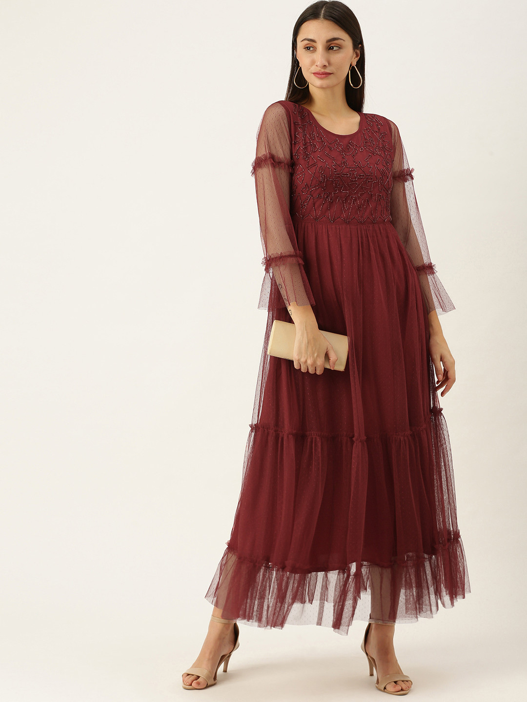 Antheaa Maroon Embellished Tiered Net Maxi Dress
