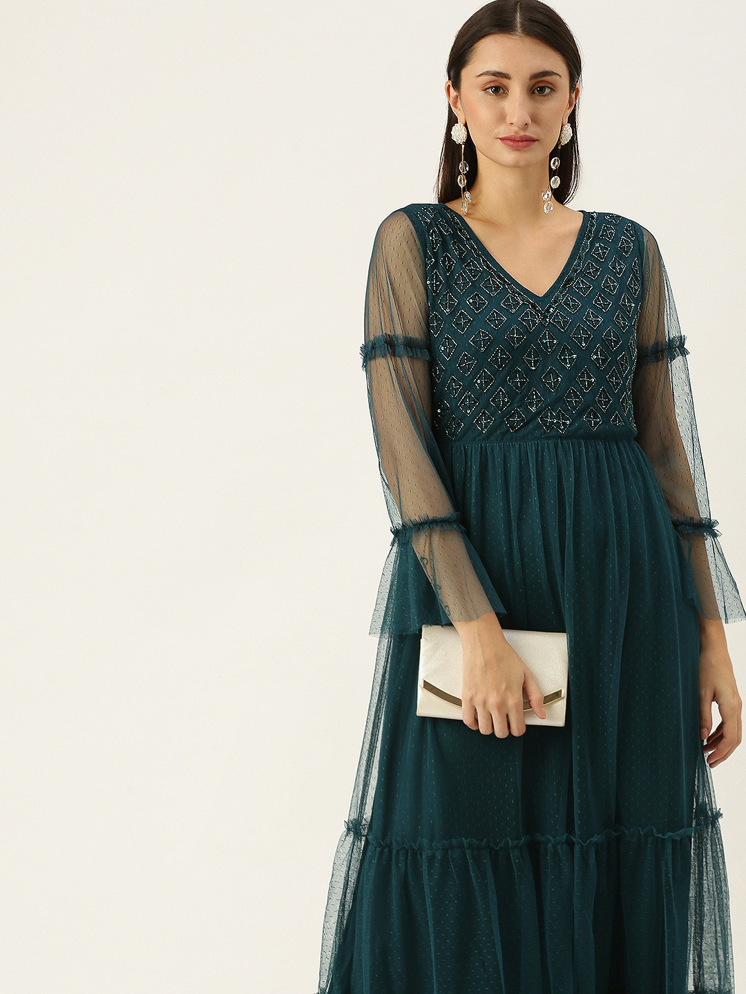 Antheaa Teal Blue Embellished Net Maxi Dress