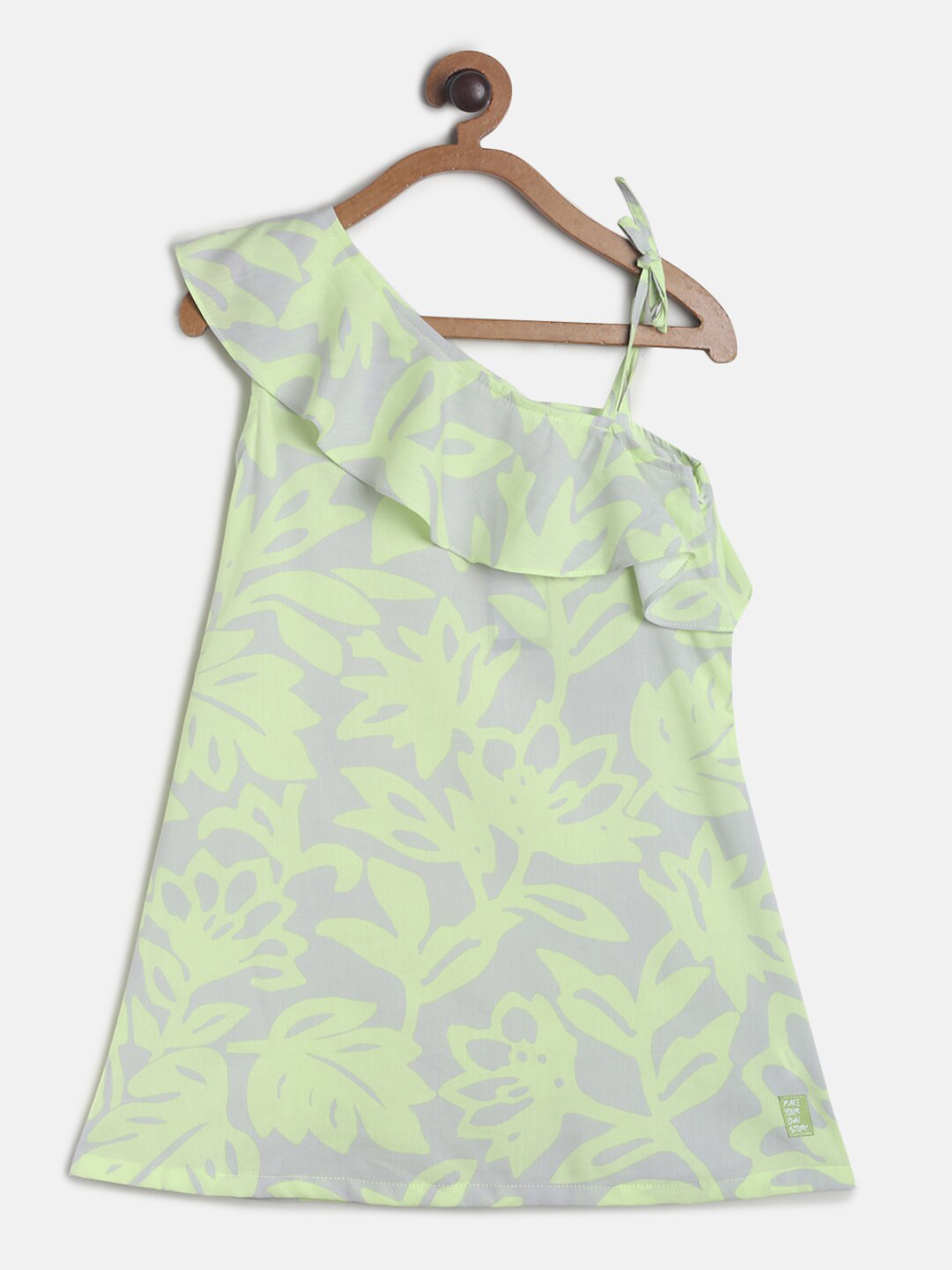 TALES & STORIES Green Floral Printed One Shoulder A-Line Dress